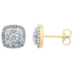 TJD 1 Ct Round Diamond 18KT Yellow Gold Halo Cushion Shape Cluster Stud Earring