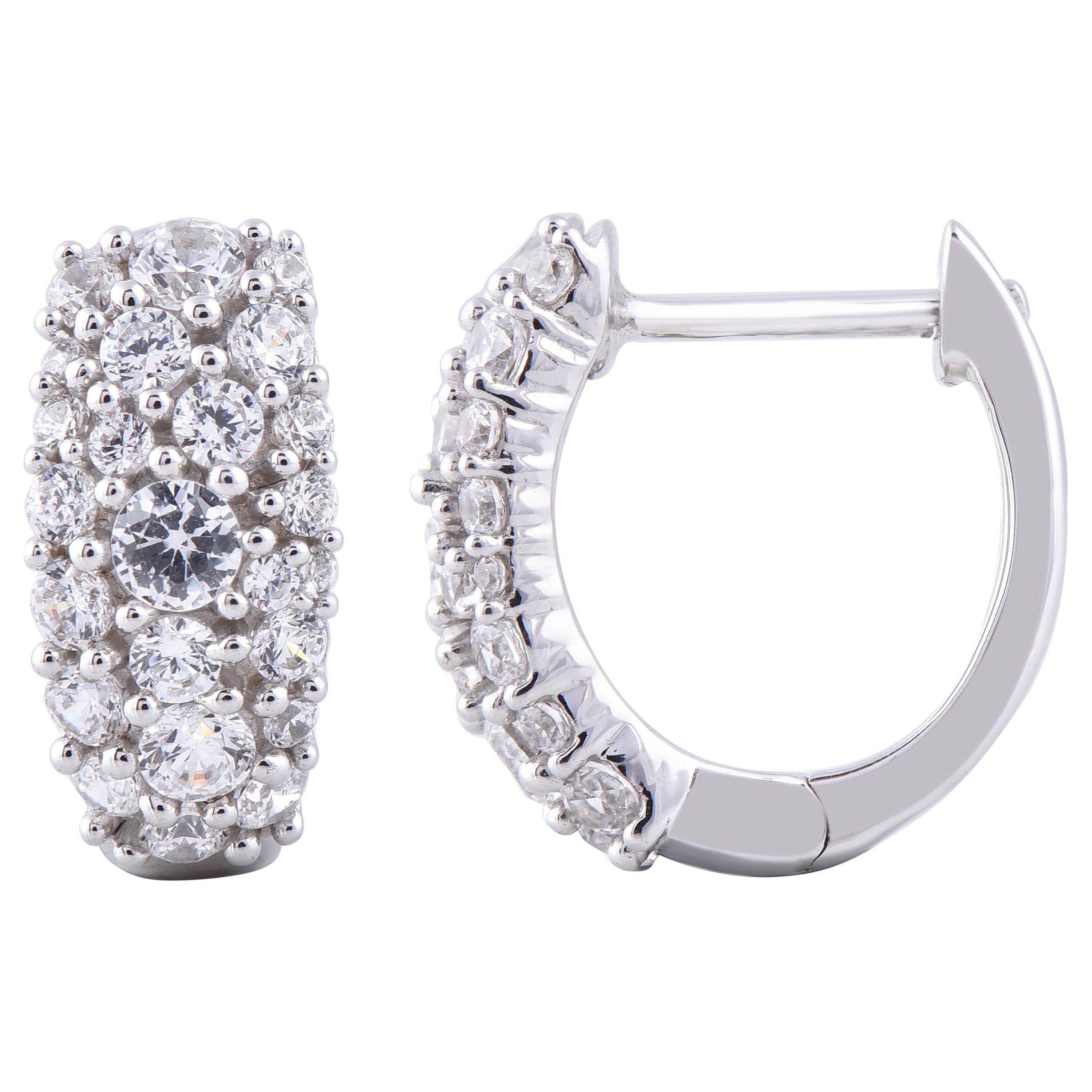 TJD 1.0 Carat 14 Karat White Gold Scattered Diamond Huggie Hoop Earrings