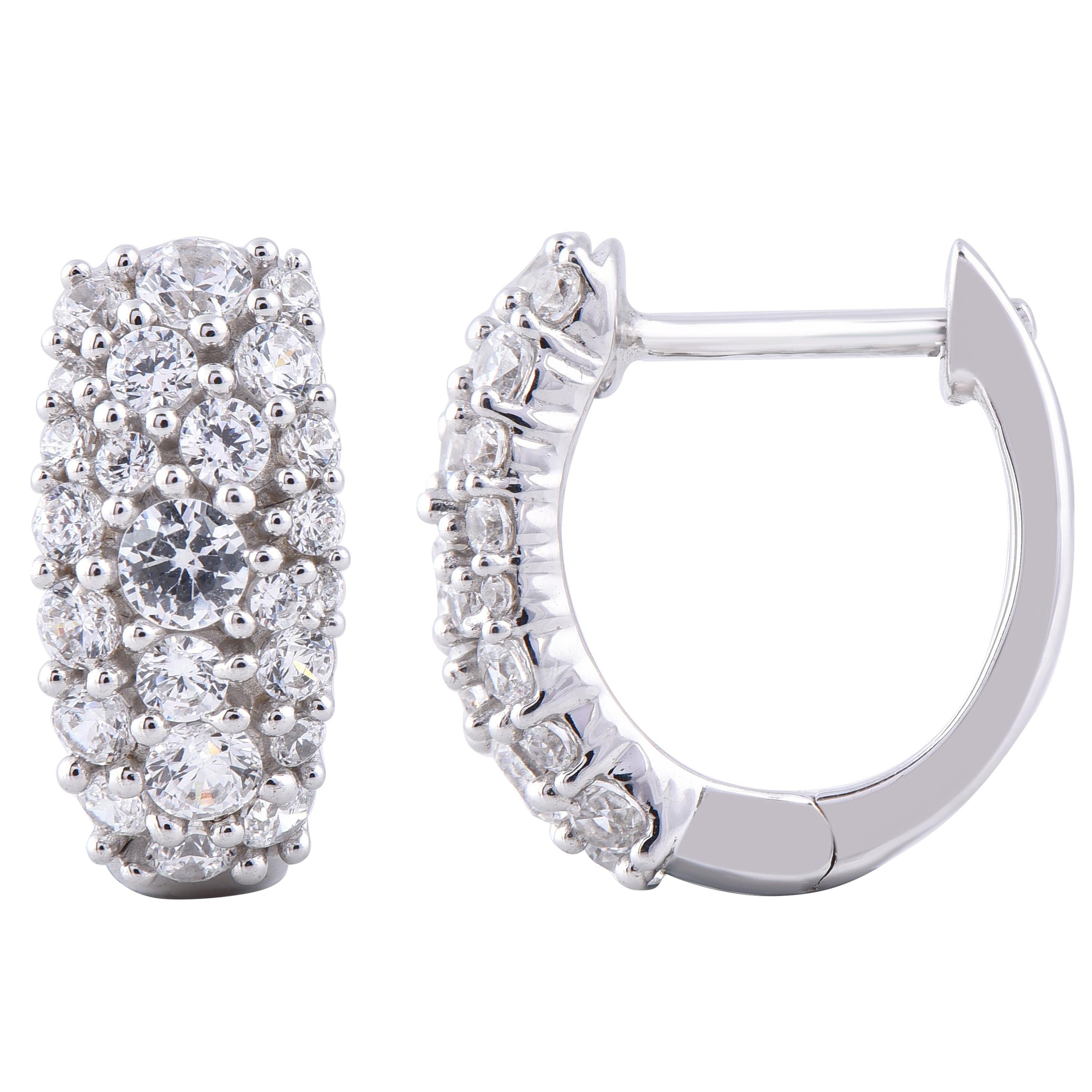 TJD 1.0 Carat 14 Karat White Gold Scattered Diamond Huggie Hoop Earrings
