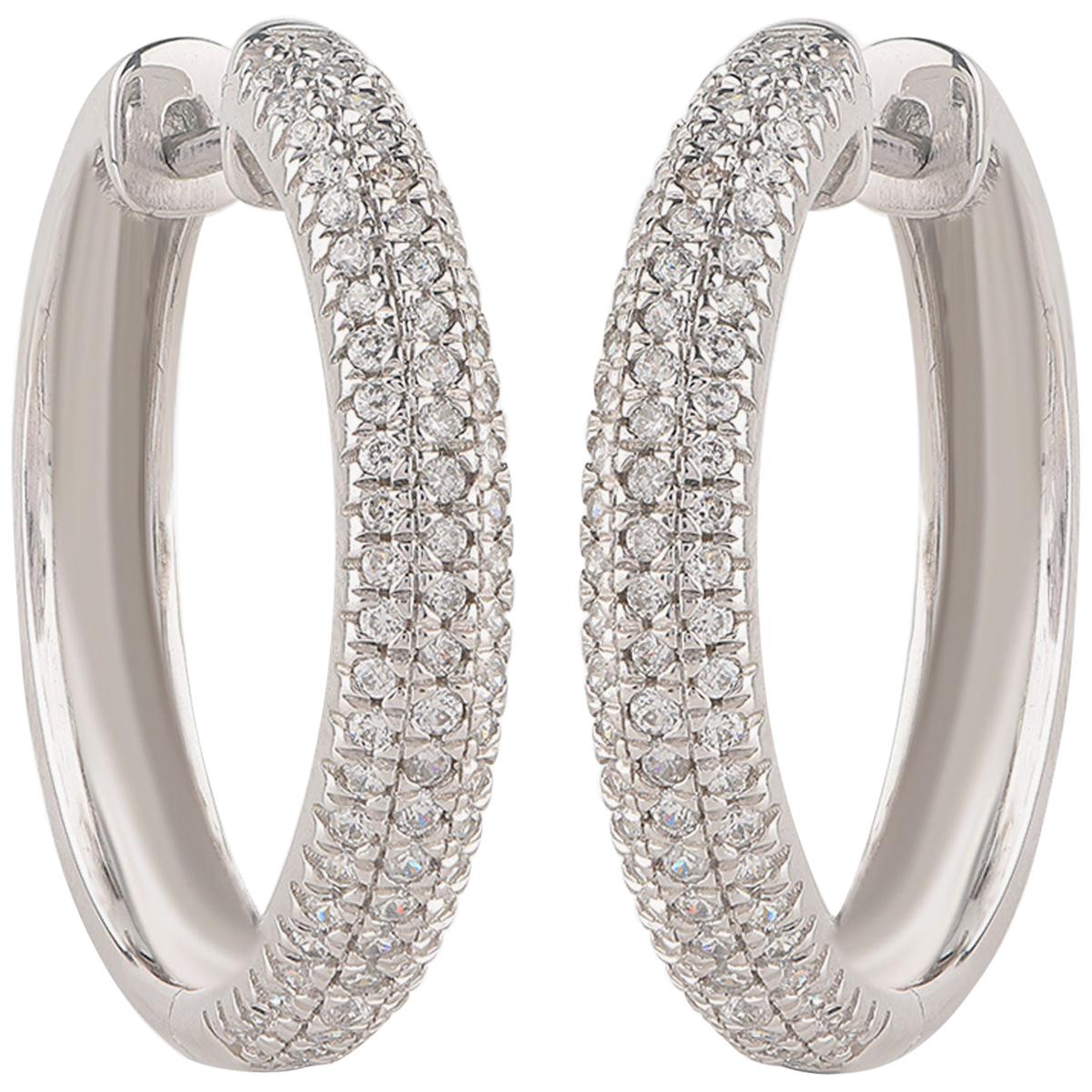 TJD 1.0 Carat 3- Row Diamond 18 Karat White Gold Classic Hoop Earrings