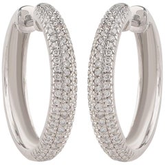 TJD 1.0 Carat 3- Row Diamond 18 Karat White Gold Classic Hoop Earrings