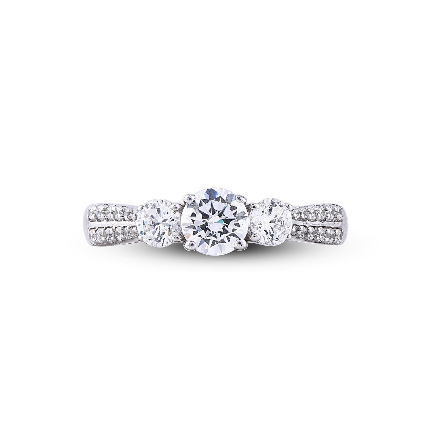 Art déco TJD Bague de fiançailles de mariage en or blanc 18 carats avec 3 pierres de 1,0 carat en vente