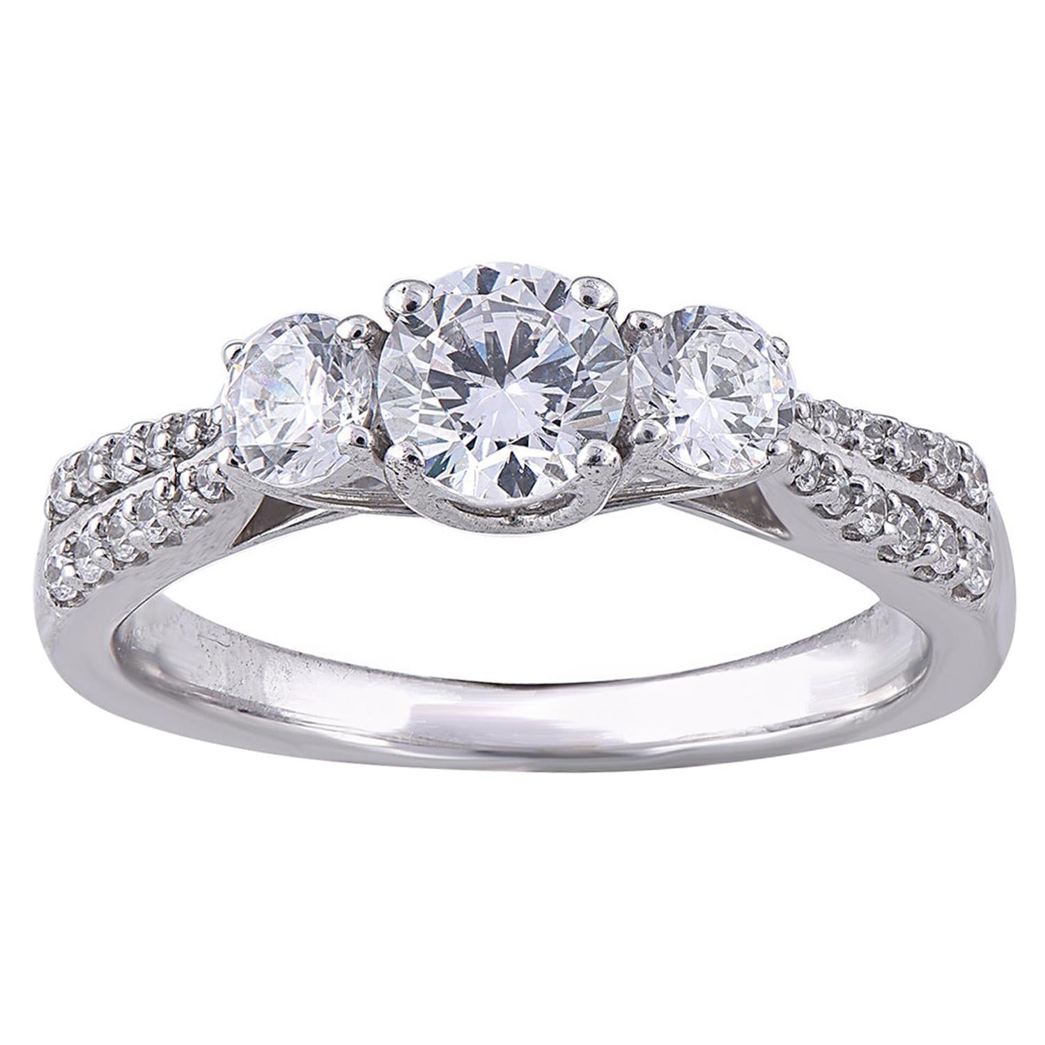 TJD 1.0 Carat 3 Stone Diamond 18 Karat White Gold Engagement Bridal Ring