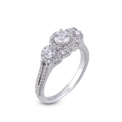 TJD 1.0 Carat 3 Stone Diamond 18 Karat White Gold Halo Engagement Bridal Ring