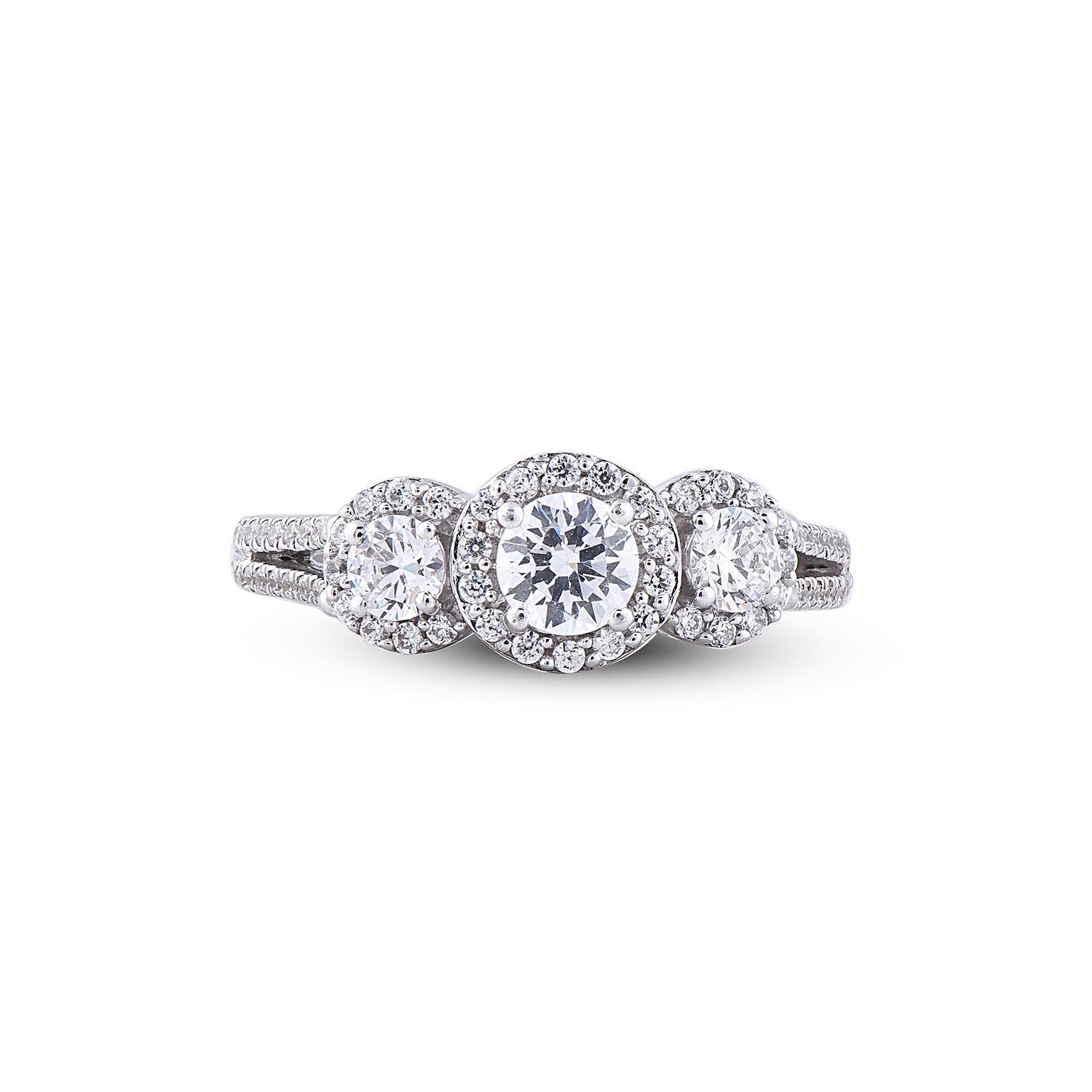 Contemporary TJD 1.0 Carat 3 Stone Diamond 18 Karat White Gold Halo Engagement Bridal Ring For Sale