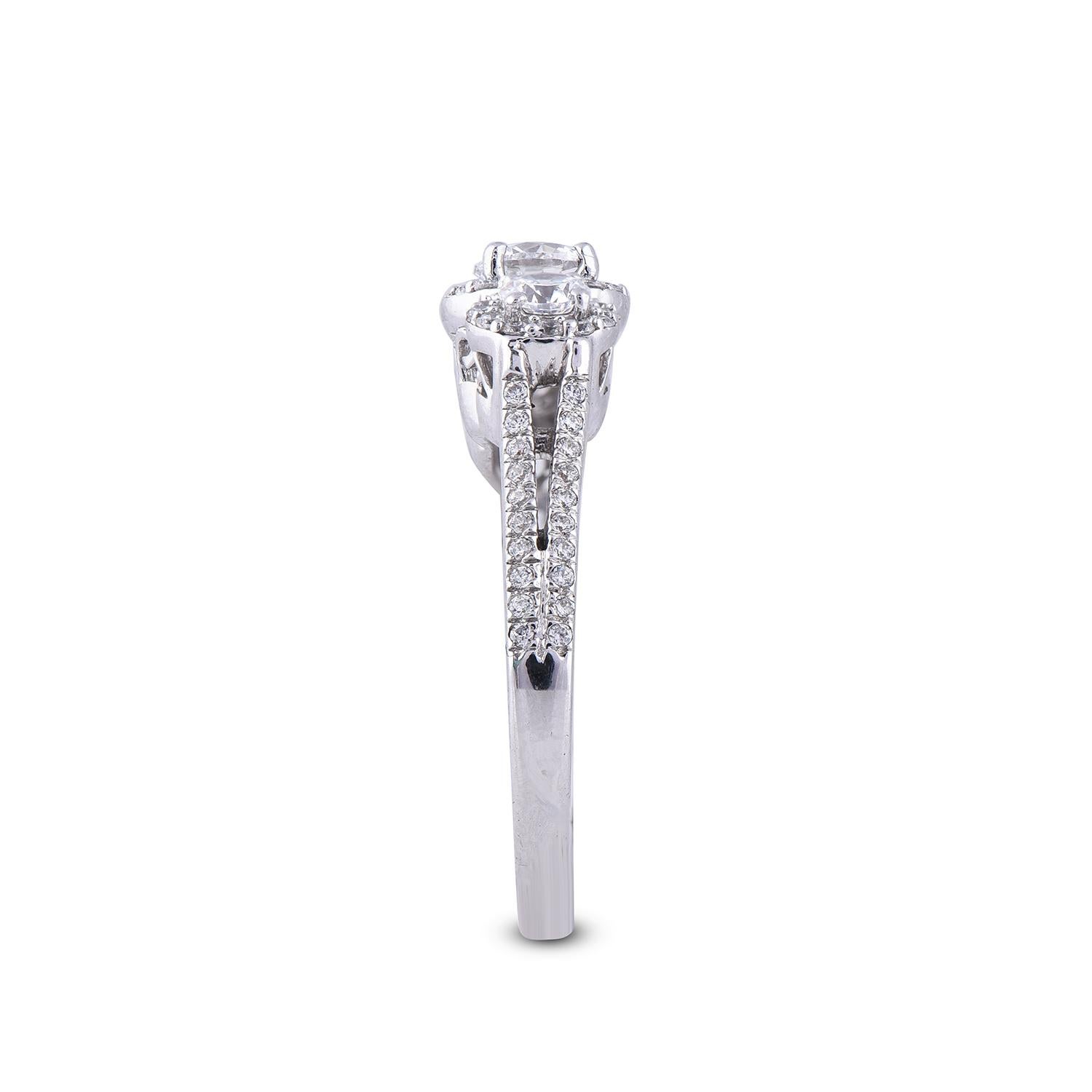 Round Cut TJD 1.0 Carat 3 Stone Diamond 18 Karat White Gold Halo Engagement Bridal Ring For Sale