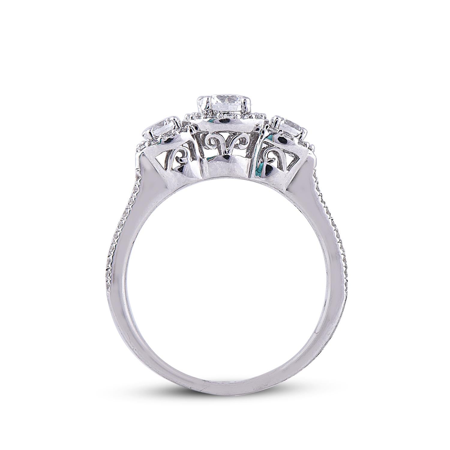 TJD 1.0 Carat 3 Stone Diamond 18 Karat White Gold Halo Engagement Bridal Ring In New Condition For Sale In New York, NY