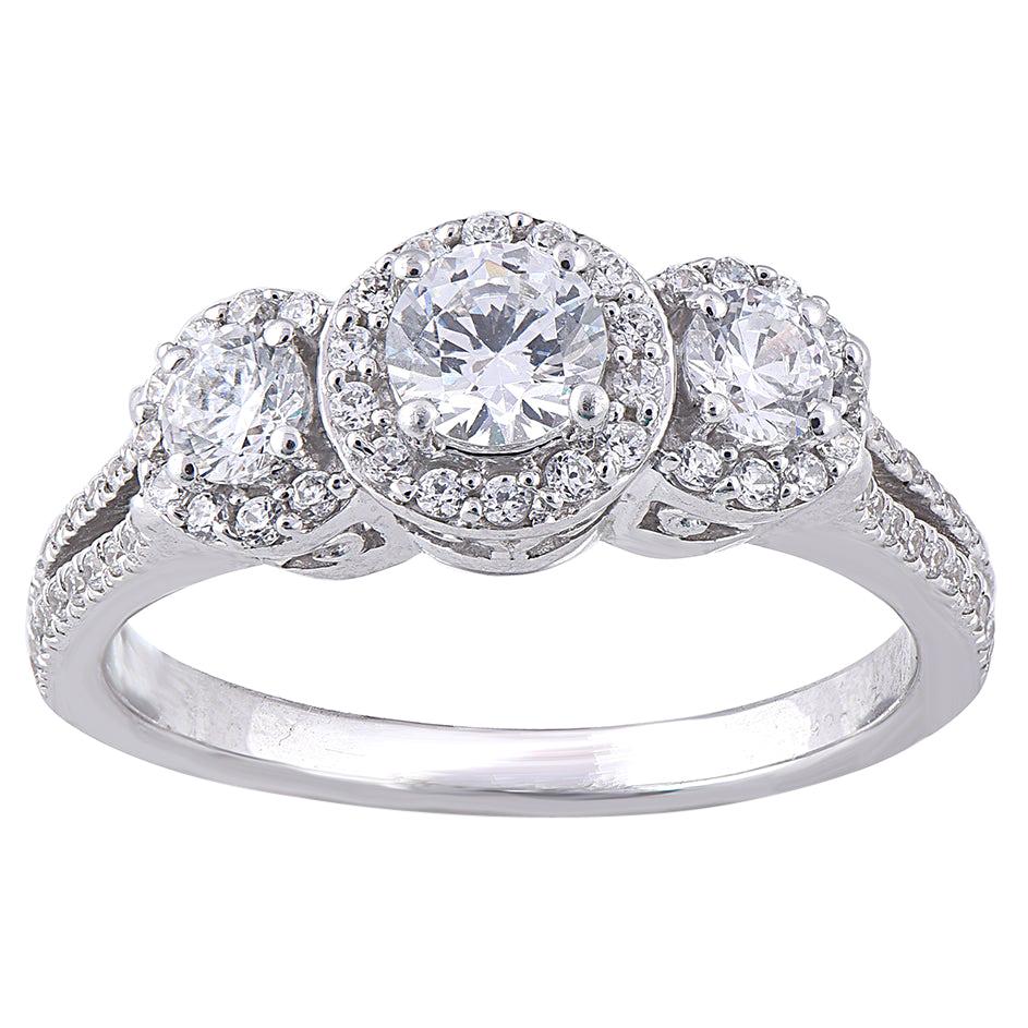 TJD 1.0 Carat 3 Stone Diamond 18 Karat White Gold Halo Engagement Bridal Ring For Sale