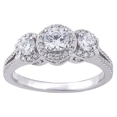TJD 1.0 Carat 3 Stone Diamond 18 Karat White Gold Halo Engagement Bridal Ring