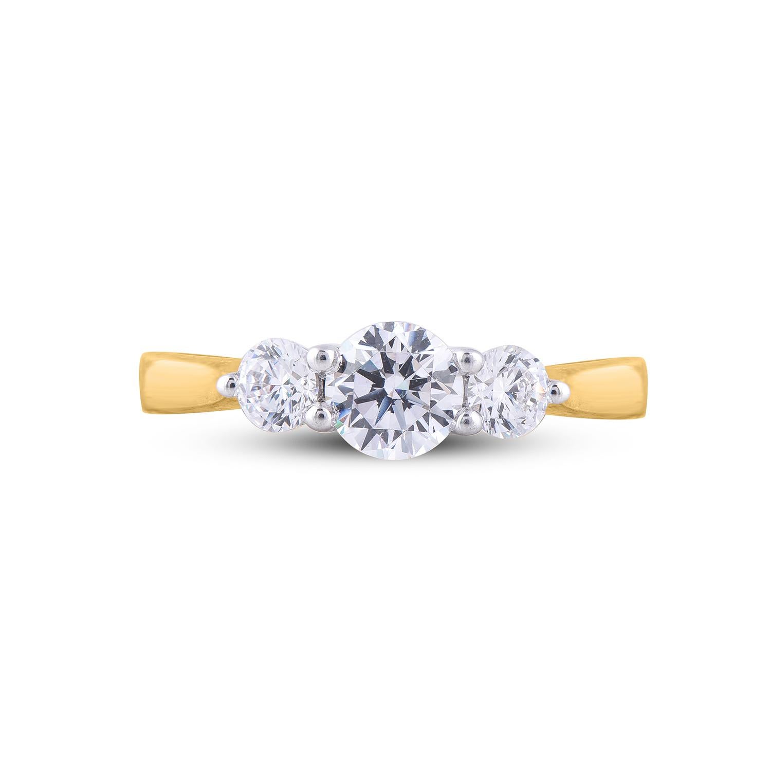 Art déco TJD Bague de fiançailles en or jaune 18 carats avec 3 diamants ronds de 1,0 carat en vente