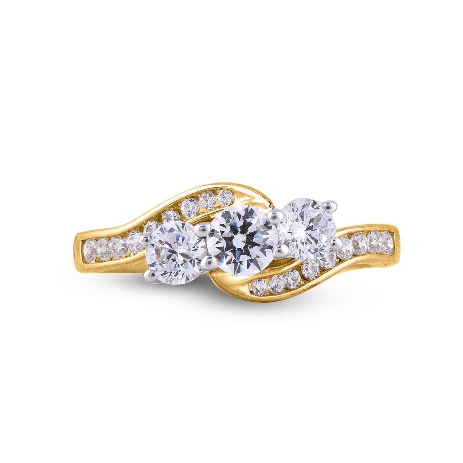Art Deco TJD 1.0 Carat 3 Stone Round Diamond 18 Karat Yellow Gold Fashion Ring For Sale