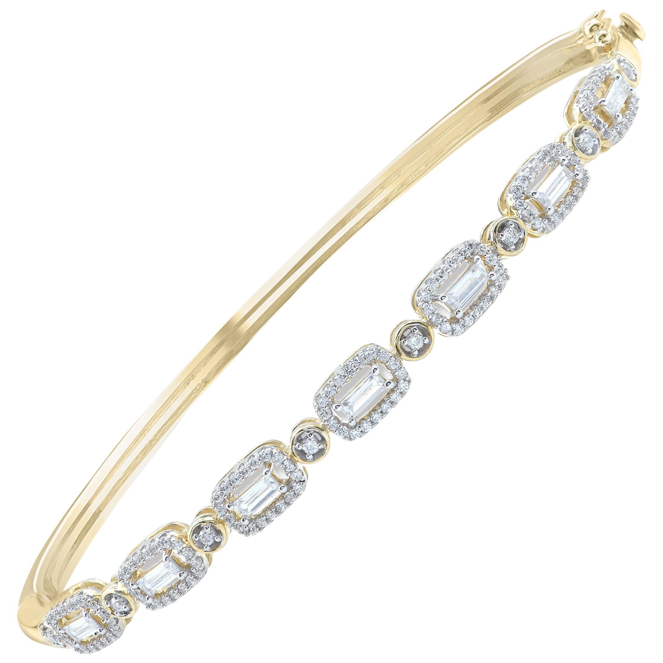 TJD 1.0 Carat Alternating Round and Baguette Diamond 18KT Yellow Gold Bangle For Sale