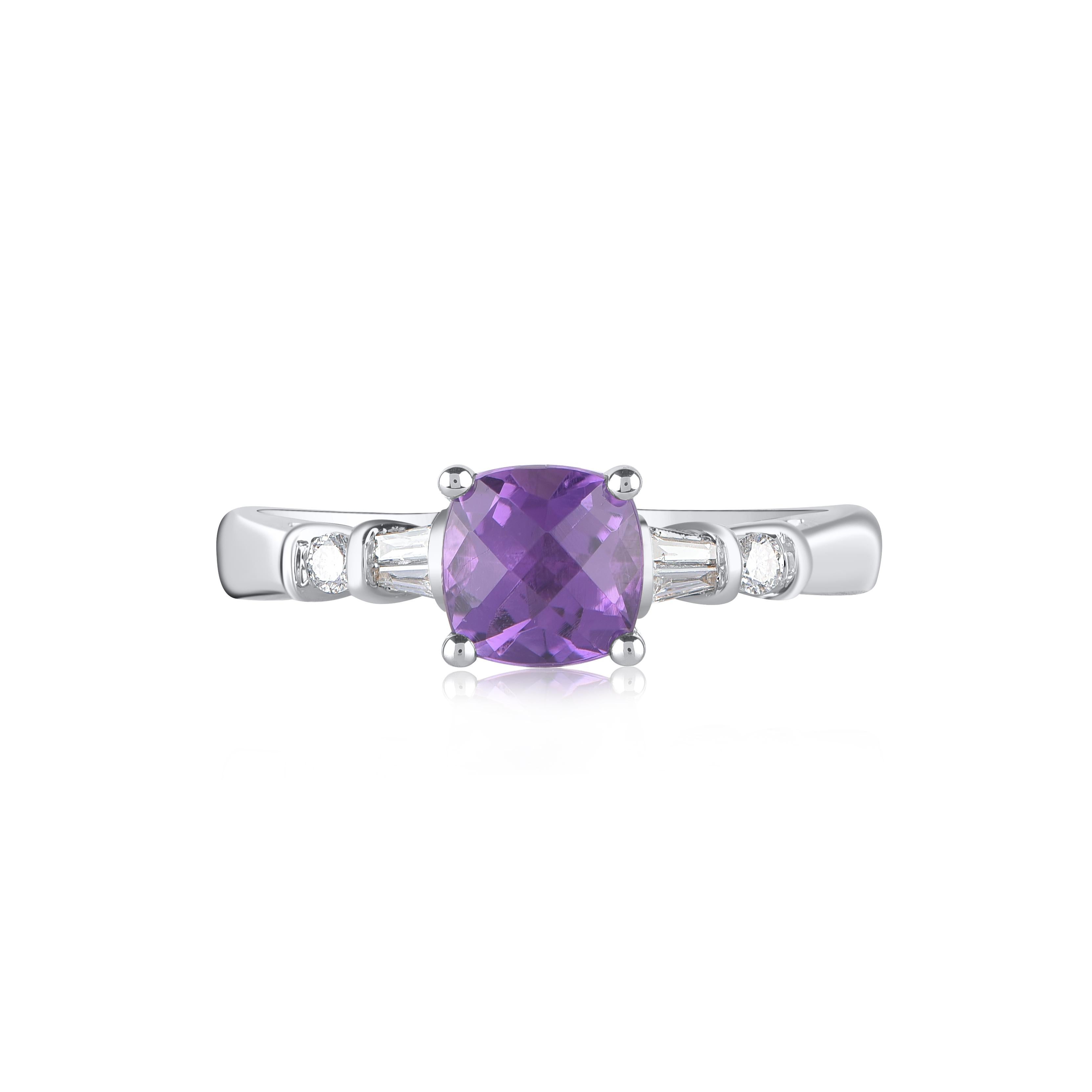 Bring charm to your look with this cushion cut amethyst classic and modern ring. Beautifully crafted by our inhouse experts in 14 karat white gold and embellished with 2 brilliant cut round diamond, 4 baguette diamond and 1 cushion cut amethyst set