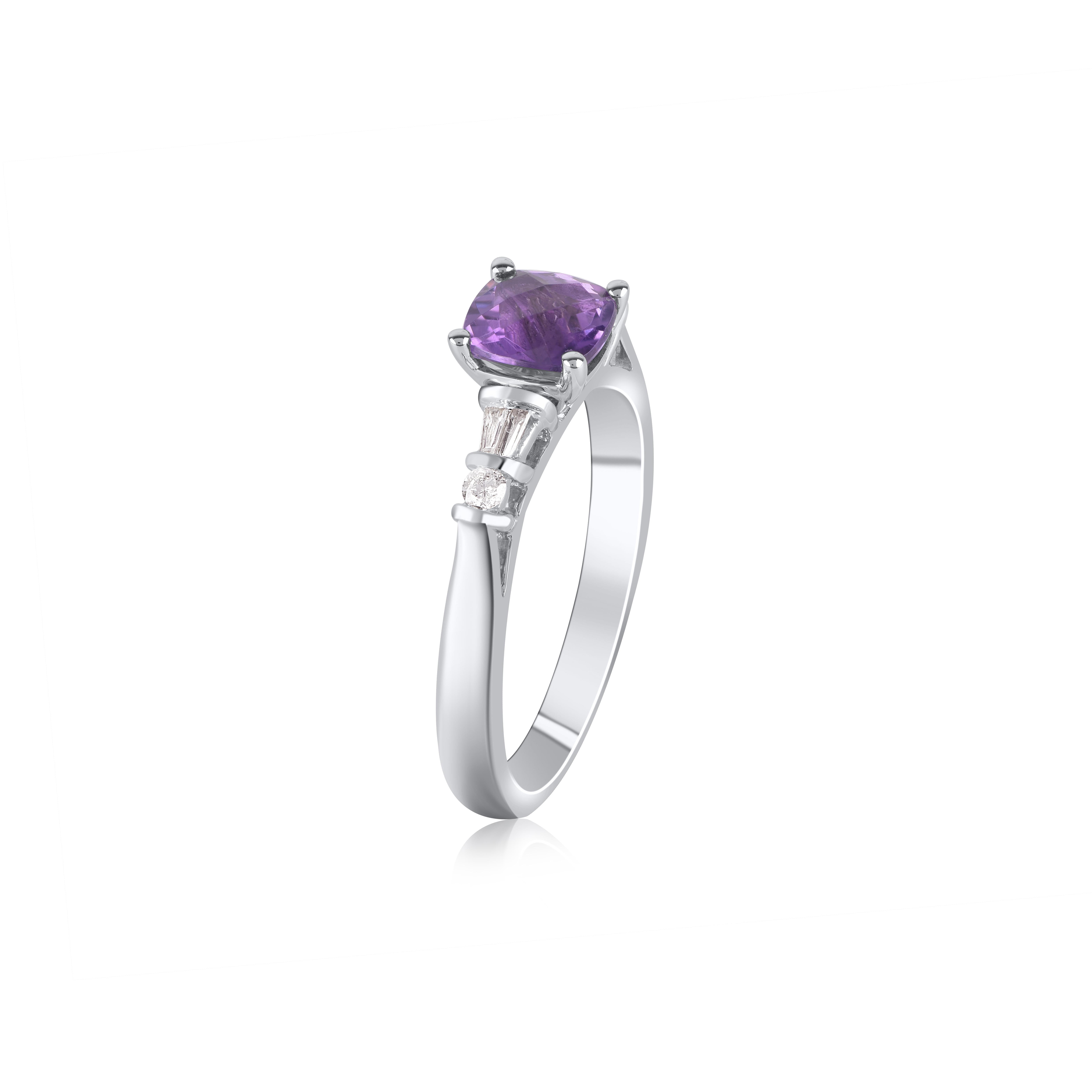 TJD Anillo de aniversario solitario de oro blanco de 14 quilates con amatista y diamante de 1,0 quilates Moderno en venta