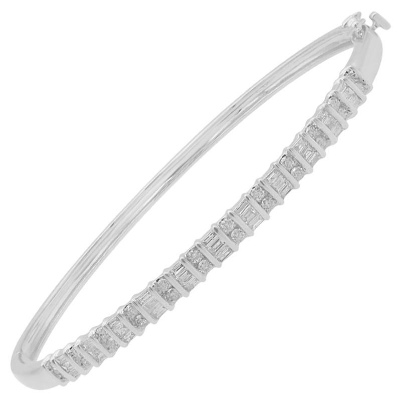 TJD 1.0 Carat Baguette and Round Diamond 14 Karat White Gold Classic Bangle