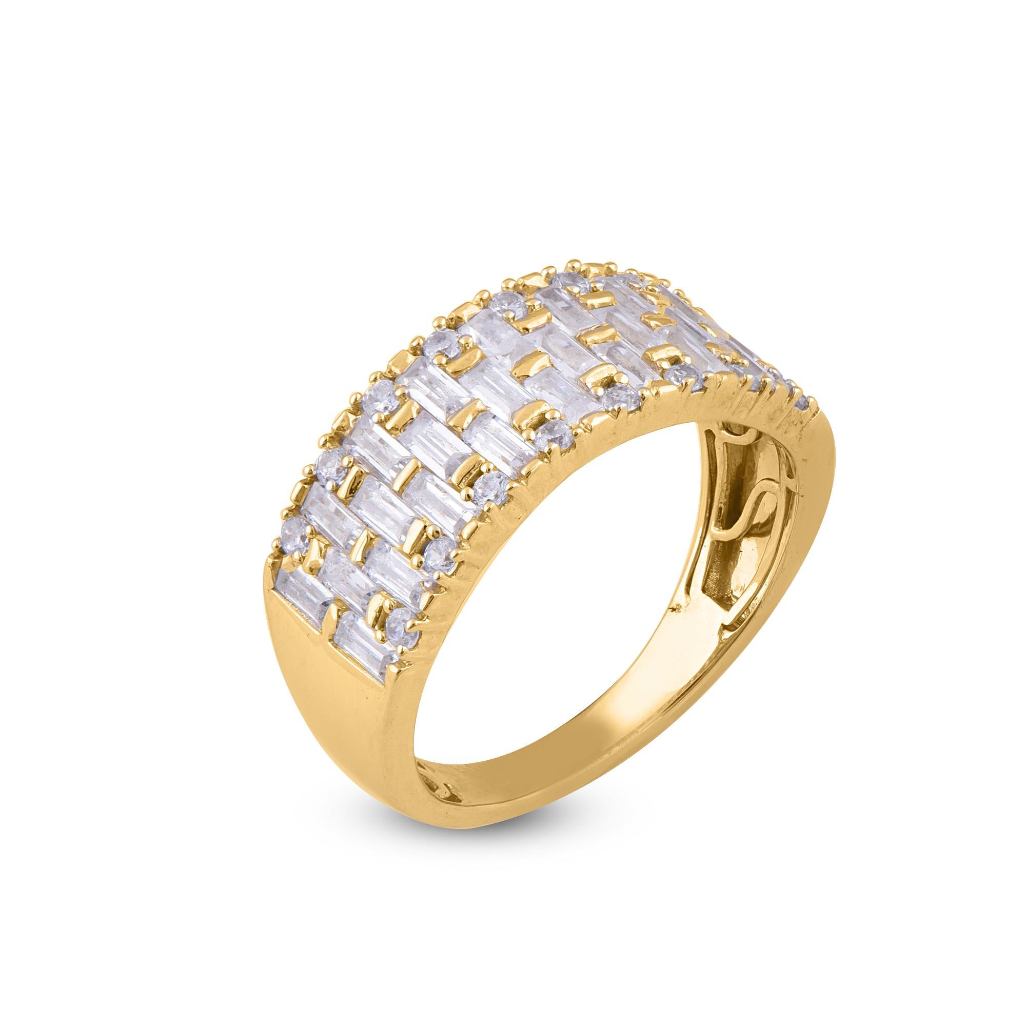 Bring charm to your look with this diamond ring. The ring is crafted from 14-karat gold in your choice of white, rose, or yellow, and features Round Brilliant 16 and Baguette - 26 white diamonds, Prong & Channel set, H-I color I2 clarity and a high