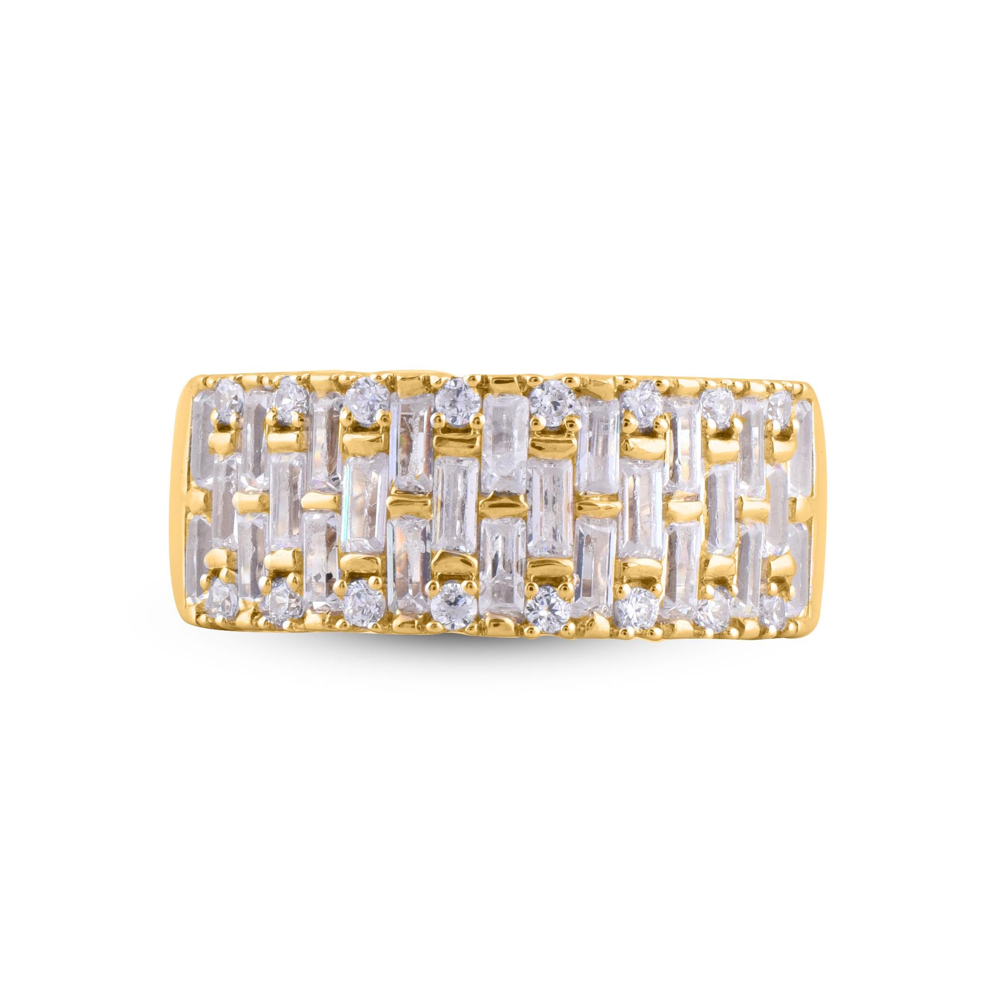 Art Deco TJD 1.0 Carat Baguette and Round Diamond 14 Karat Yellow Gold Wide Band Ring For Sale
