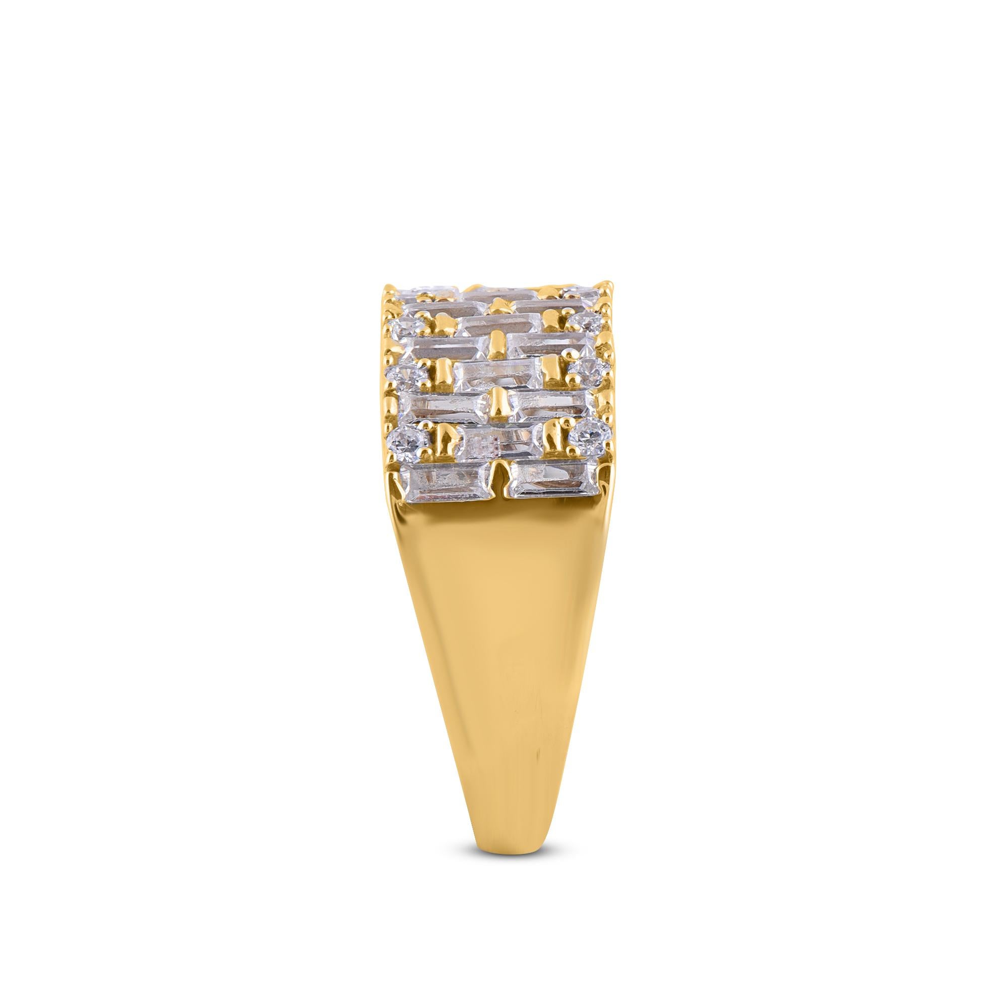 Baguette Cut TJD 1.0 Carat Baguette and Round Diamond 14 Karat Yellow Gold Wide Band Ring For Sale