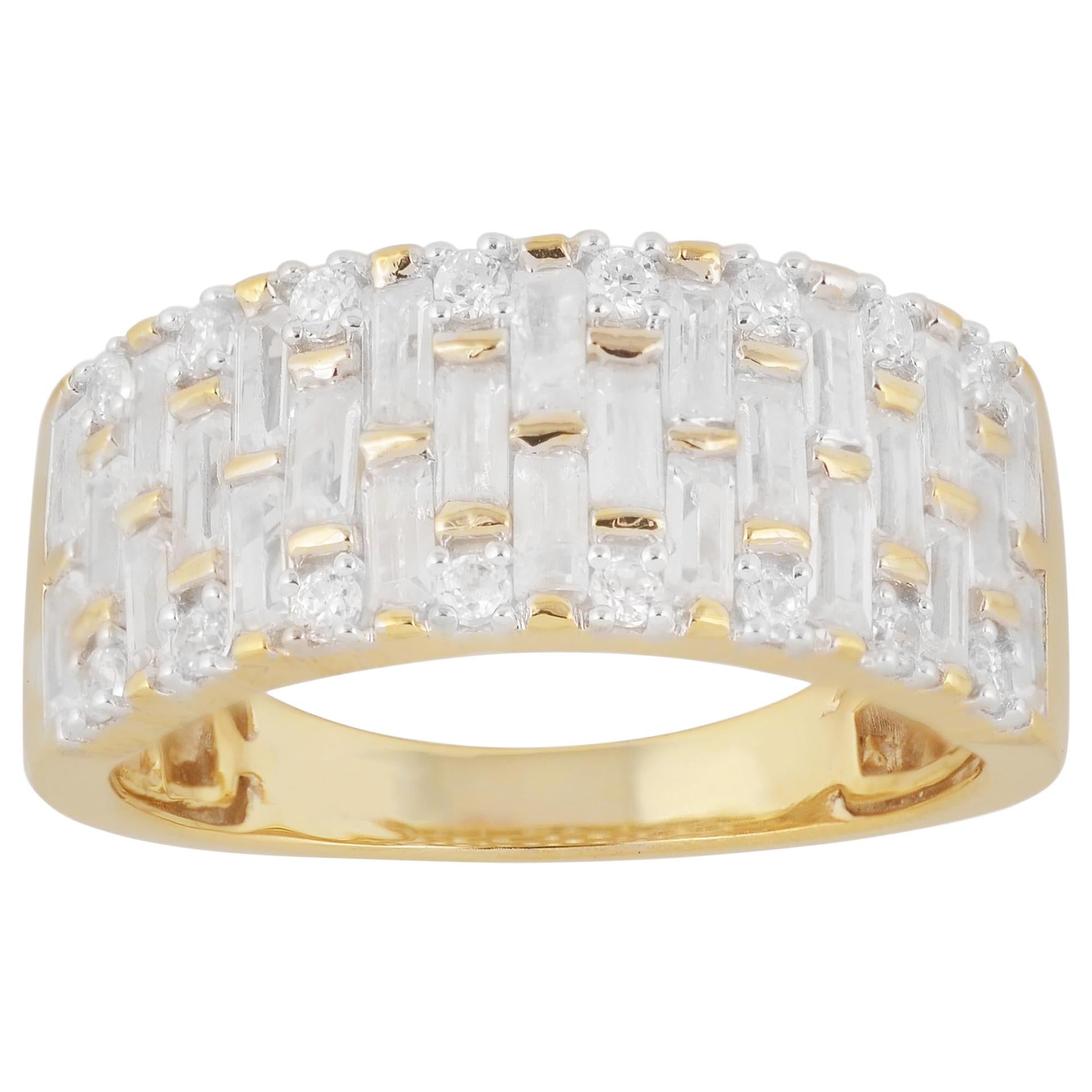 TJD 1.0 Carat Baguette and Round Diamond 14 Karat Yellow Gold Wide Band Ring For Sale