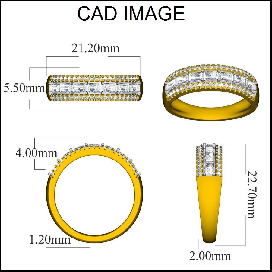 This triple row diamond wedding band ring is accentuated with 42 round and 7 baguette diamond beautifully set in pave and micro prong setting. The total diamond weight is 1.0 Carat and H-I color I2 Clarity.