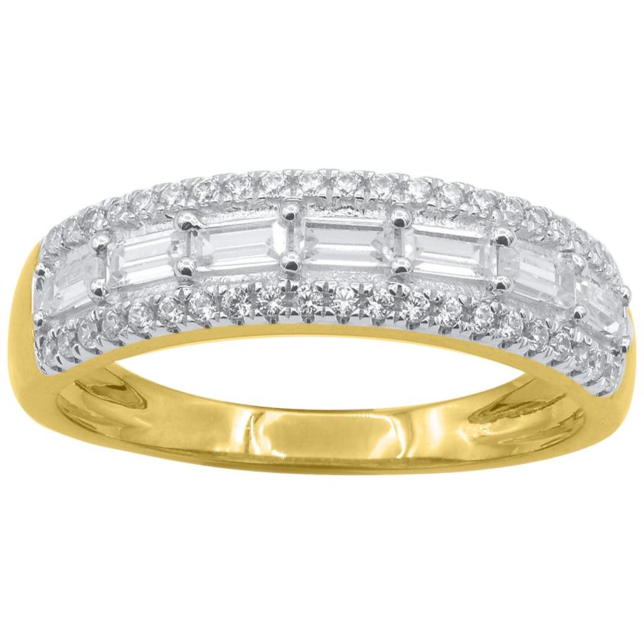 TJD 1.0 Carat Baguette and Round Diamond 14KT Gold Triple Row Wedding Band Ring