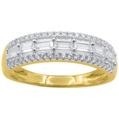 TJD 1.0 Carat Baguette and Round Diamond 14KT Gold Triple Row Wedding Band Ring