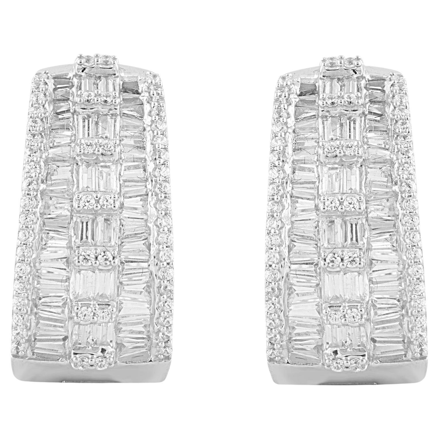 TJD 1.0 Carat Baguette Cut Diamond 14 Karat White Gold Huggie Hoop Earrings For Sale