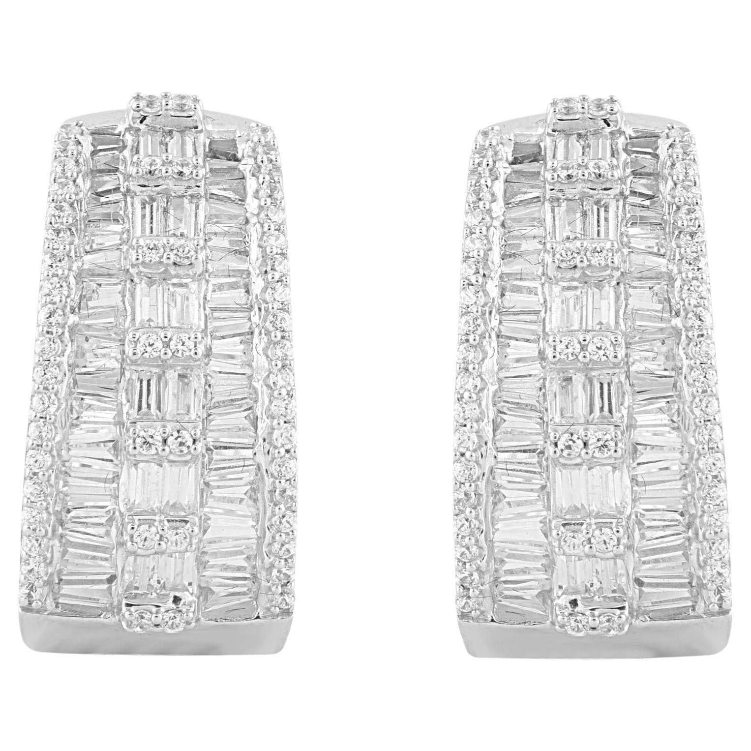 TJD 1.0 Carat Baguette Cut Diamond 14 Karat White Gold Huggie Hoop Earrings