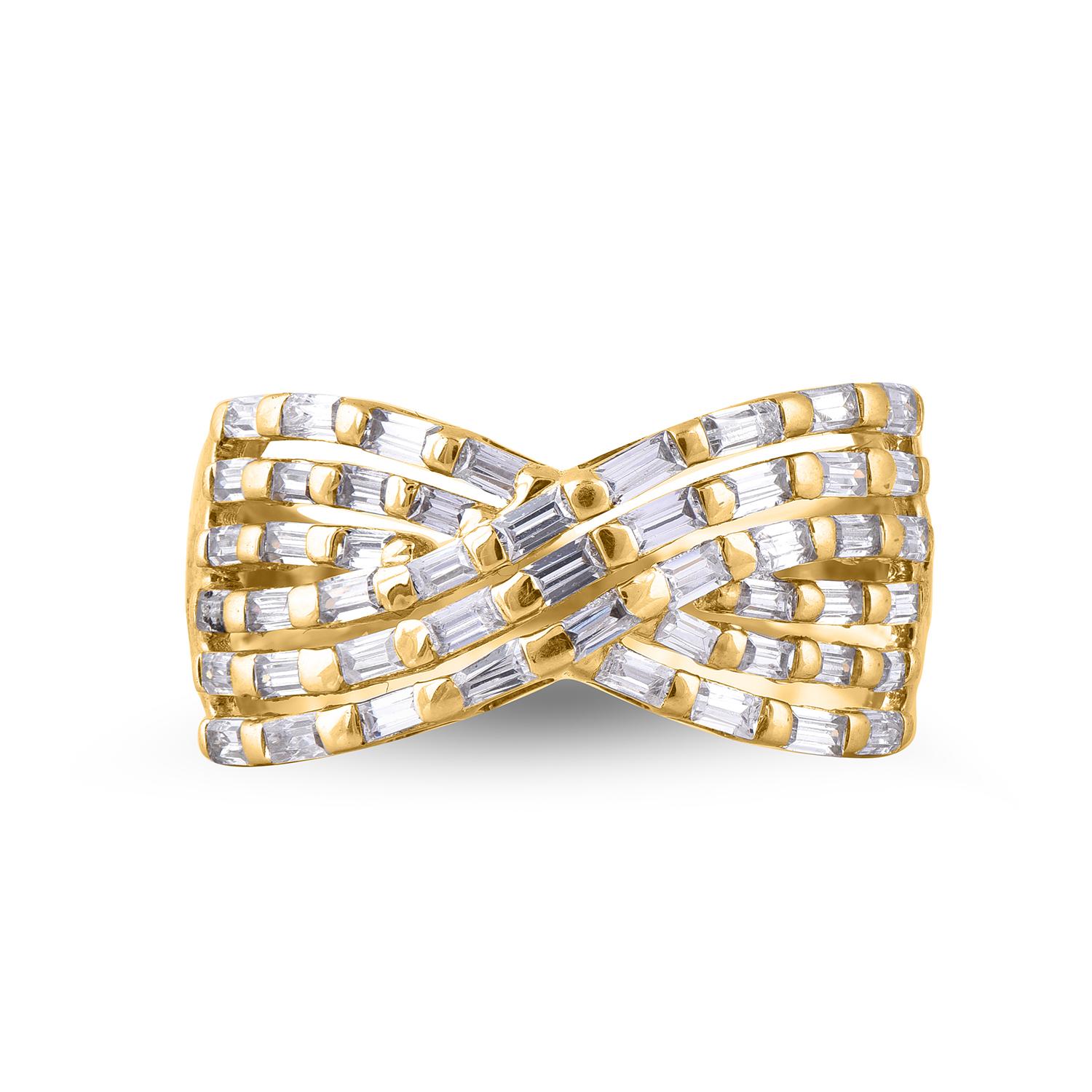 Art déco Bague croisée en or jaune 14 carats sertie d'un diamant baguette de 1,0 carat TJD en vente