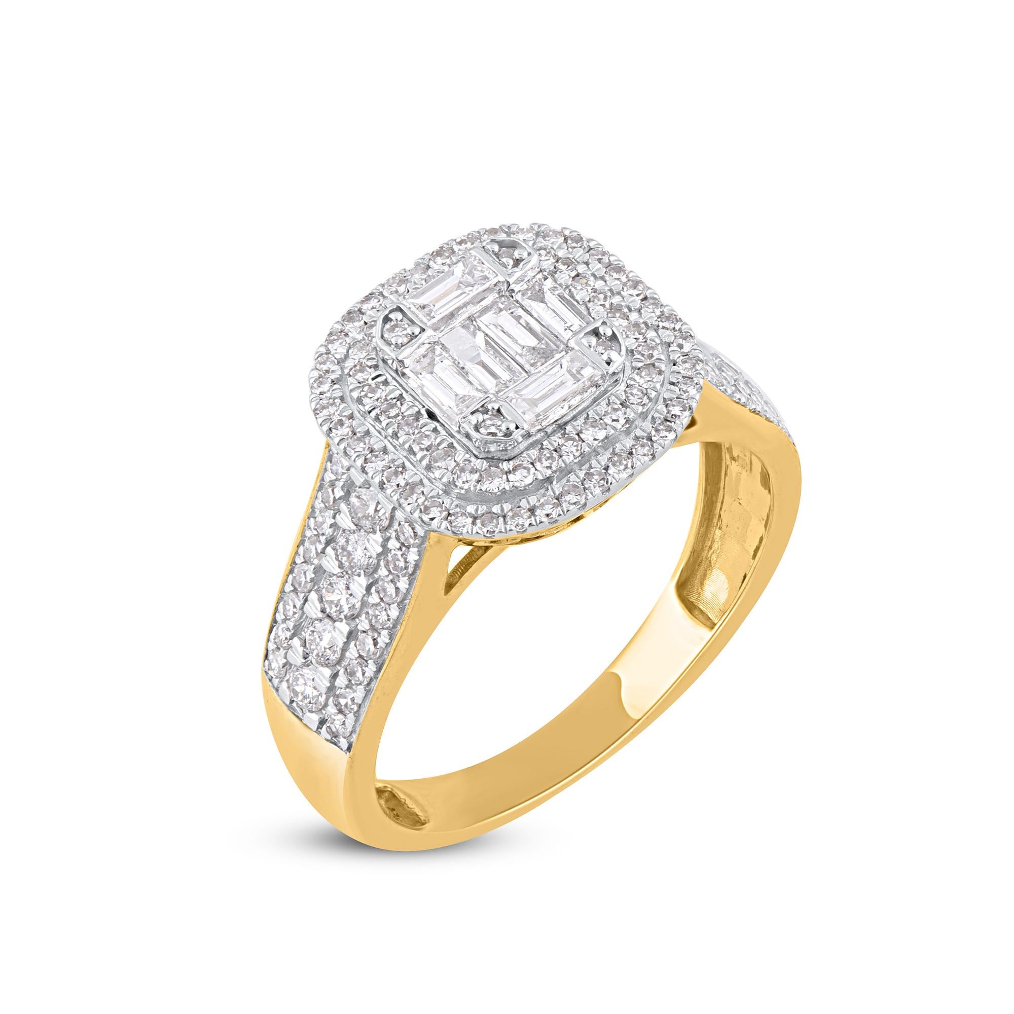 Honor your special day with this exceptional diamond band ring. This band ring features a sparkling 120 brilliant cut, single cut round diamonds and baguette cut diamonds beautifully set in prong, pave and channel setting. The total diamond weight