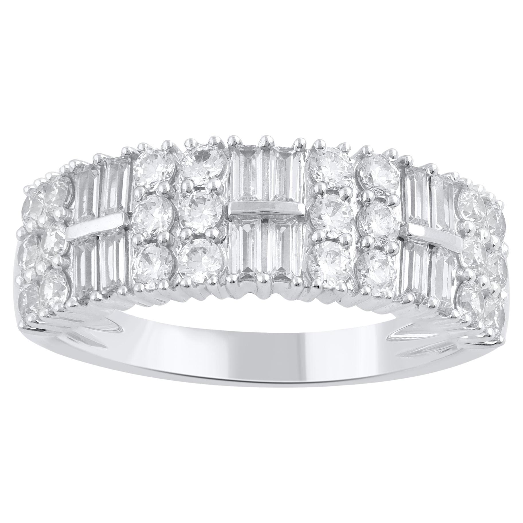 TJD 1.0 Carat Brilliant Cut & Baguette Diamond 14KT White Gold Wedding Band Ring For Sale
