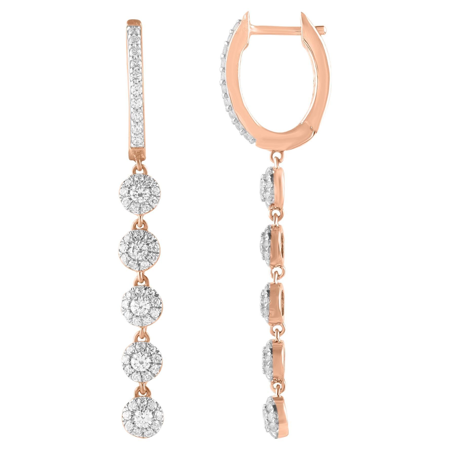 Timeless and elegant, these diamond dangle earrings go from day to night with ease. This earring is beautifully designed and studded with 120 brilliant cut and single cut natural round diamond set in prong setting and crafted in 14KT rose gold. The