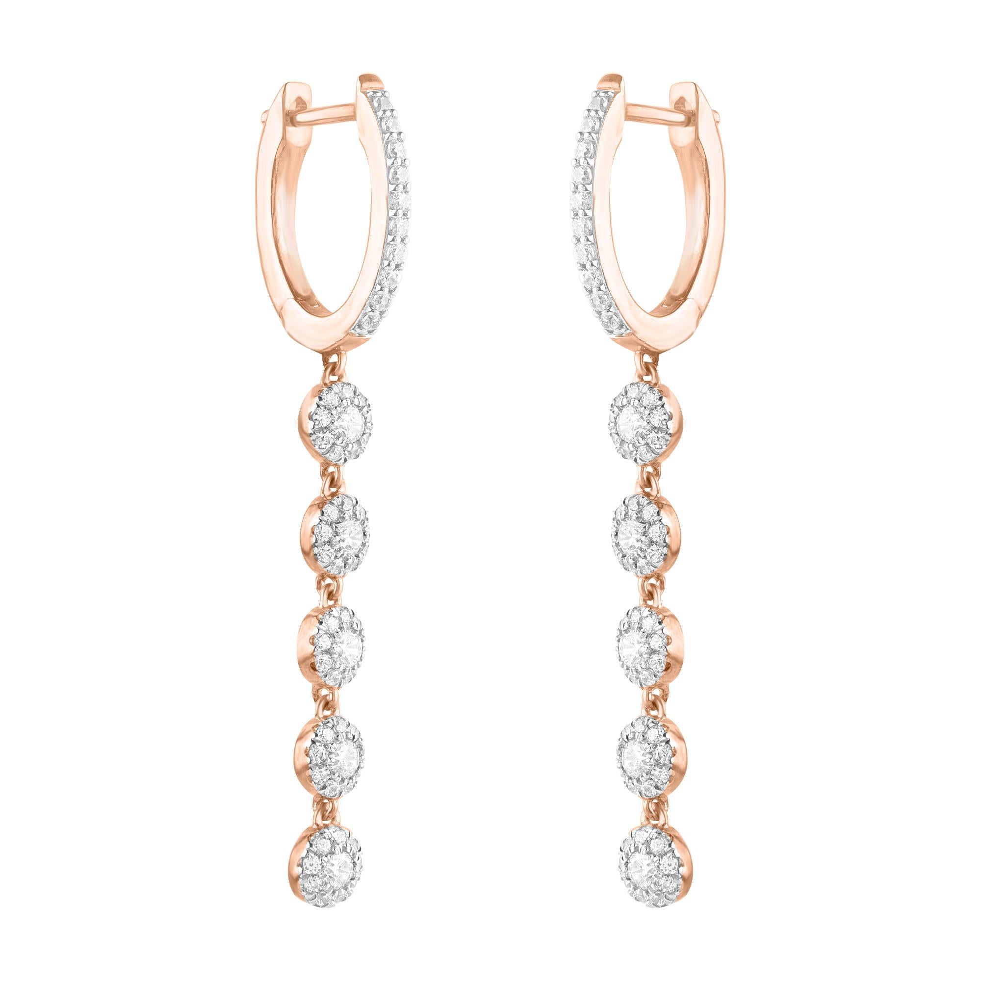 Contemporain TJD Boucles d'oreilles pendantes en or rose 14 carats avec diamant taille brillant de 1,0 carat en vente