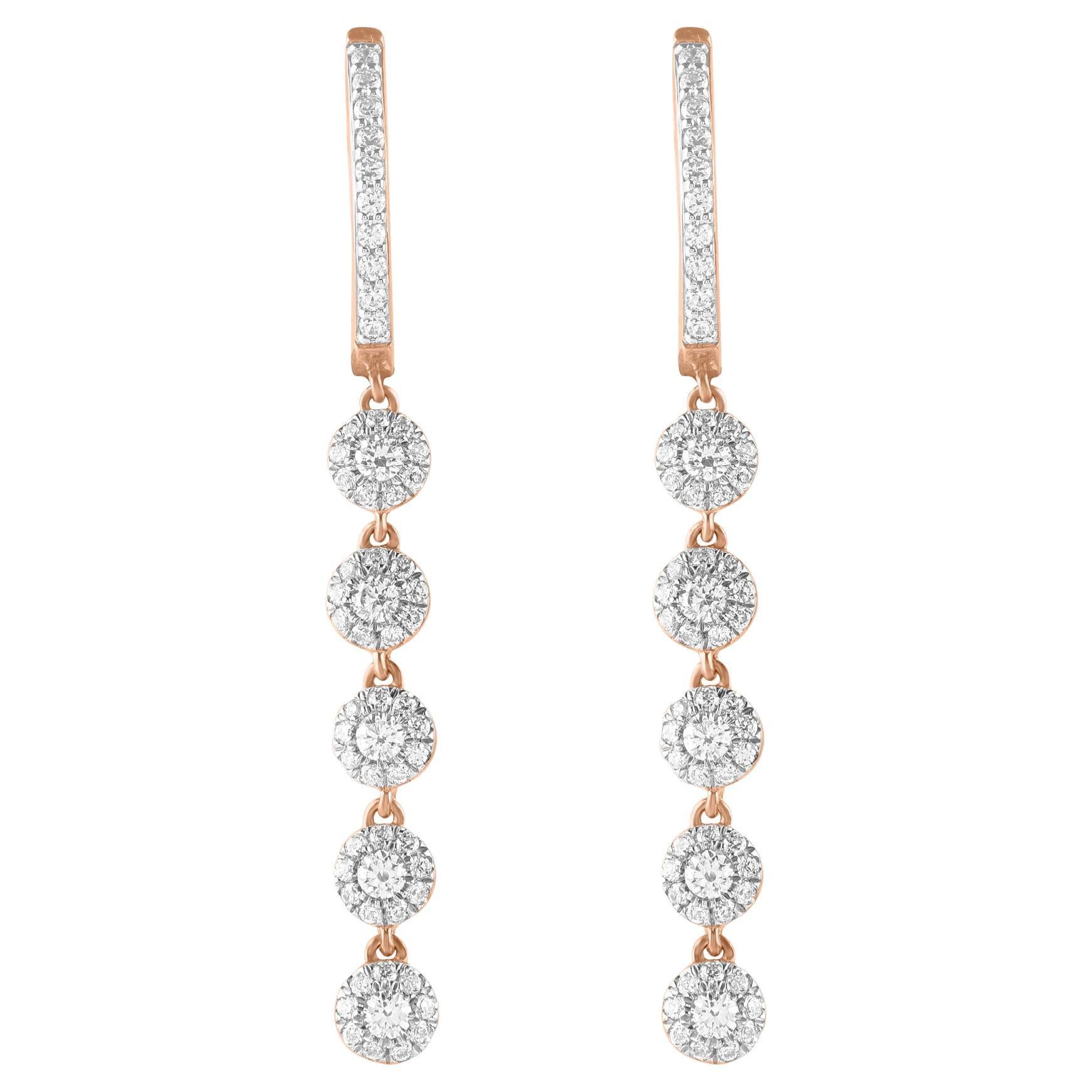 TJD 1.0 Carat Brilliant Cut Diamond 14 Karat Rose Gold Dangle Drop Earrings For Sale