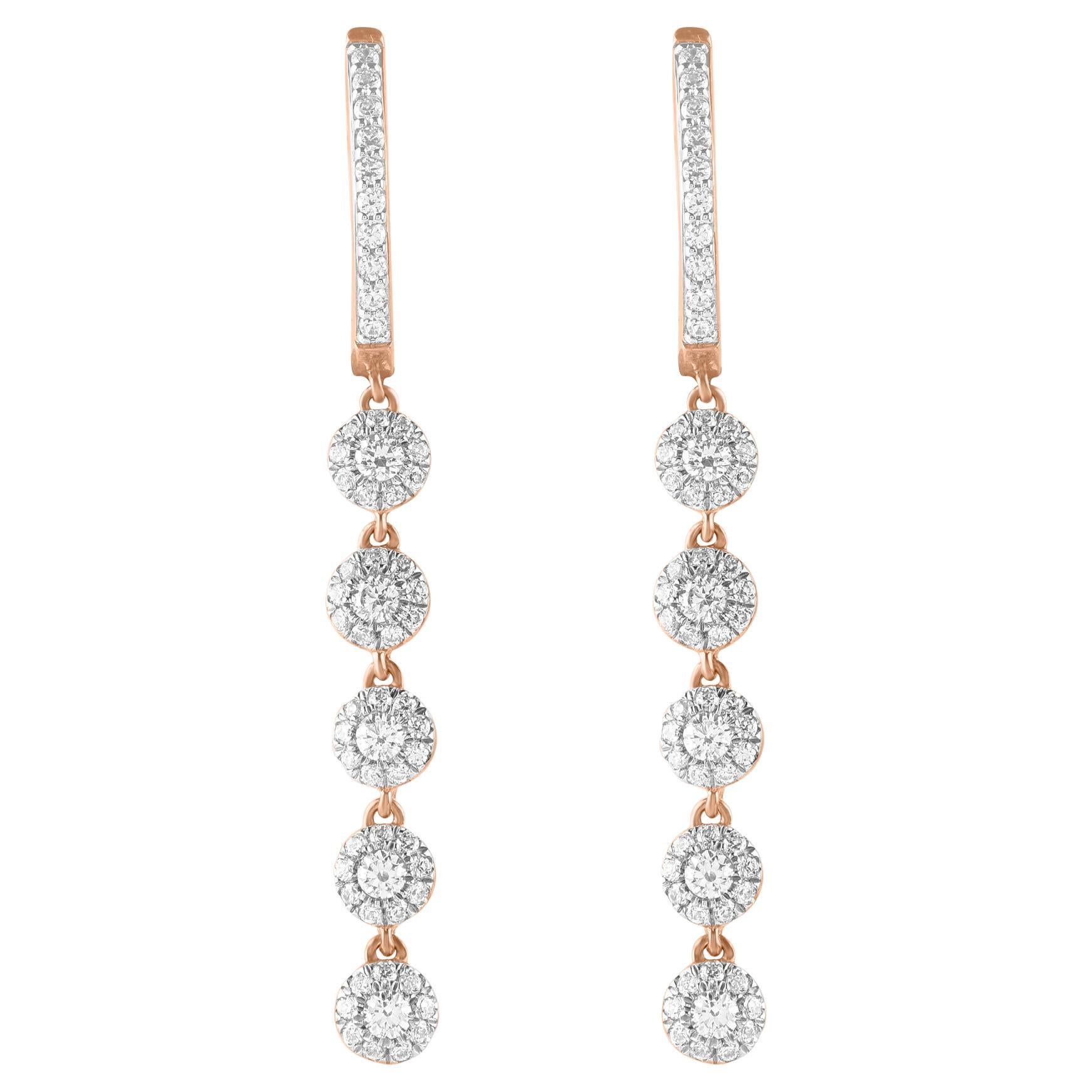 TJD 1.0 Carat Brilliant Cut Diamond 14 Karat Rose Gold Dangle Drop Earrings en venta