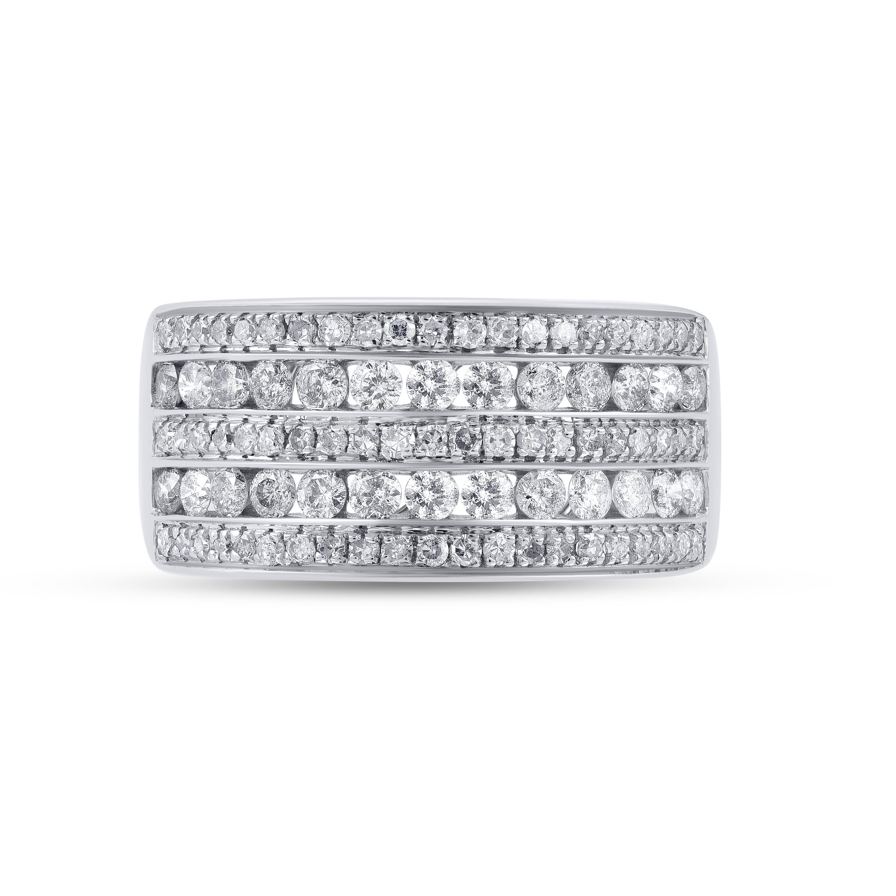 Honor your special day with this exceptional diamond band ring. This band ring features a sparkling 89 brilliant cut round diamonds beautifully set in prong and channel setting. The total diamond weight is 1.0 Carat. The diamonds are graded as H-I