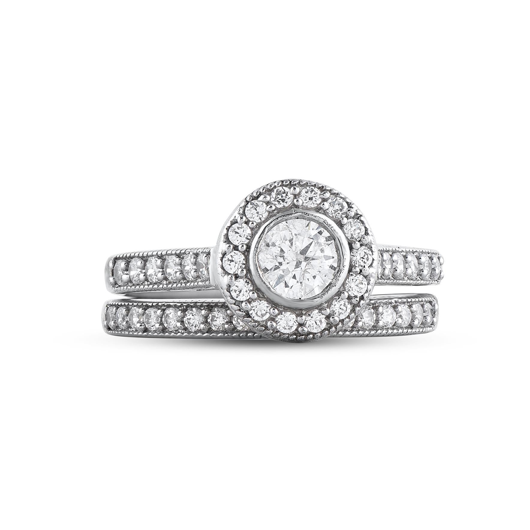 Contemporary TJD 1.0 Carat Brilliant cut Diamond 14 Karat White Gold Bridal Ring Set For Sale