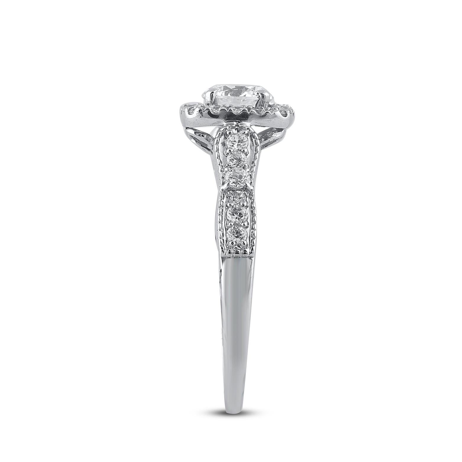 TJD 1.0 Carat Brilliant Cut Diamond 14 Karat White Gold Halo Engagement Ring In New Condition For Sale In New York, NY