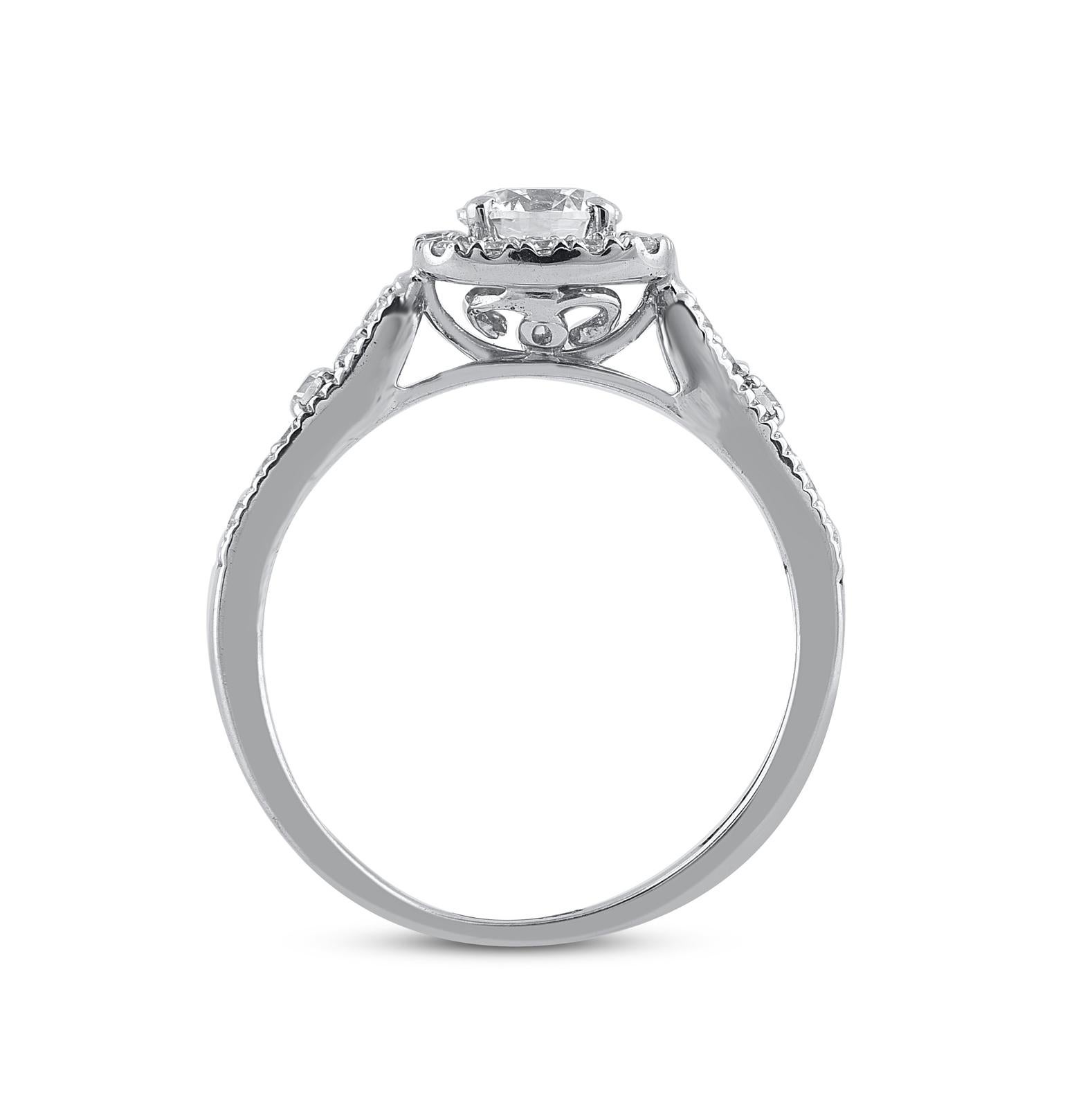 Women's TJD 1.0 Carat Brilliant Cut Diamond 14 Karat White Gold Halo Engagement Ring For Sale