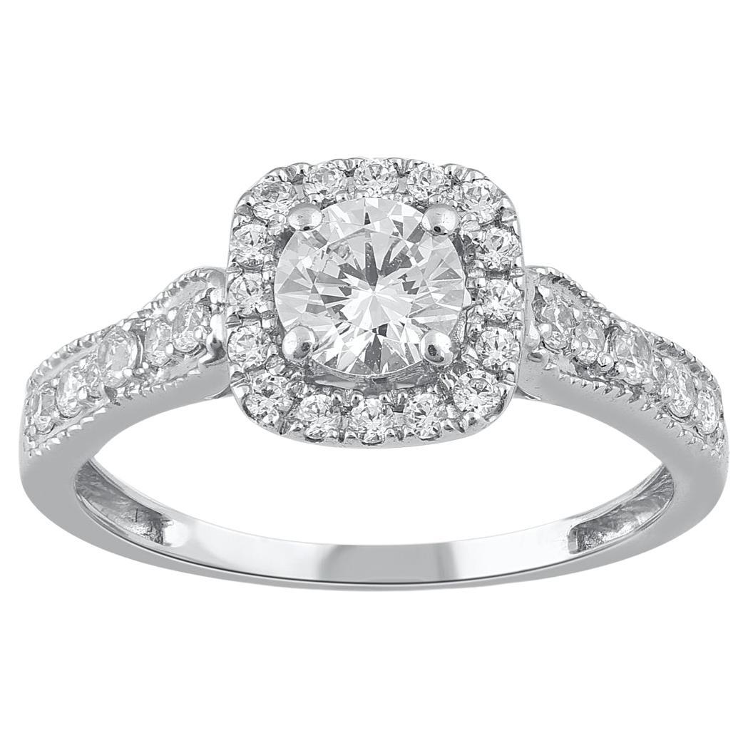TJD 1.0 Carat Brilliant Cut Diamond 14 Karat White Gold Halo Engagement Ring For Sale