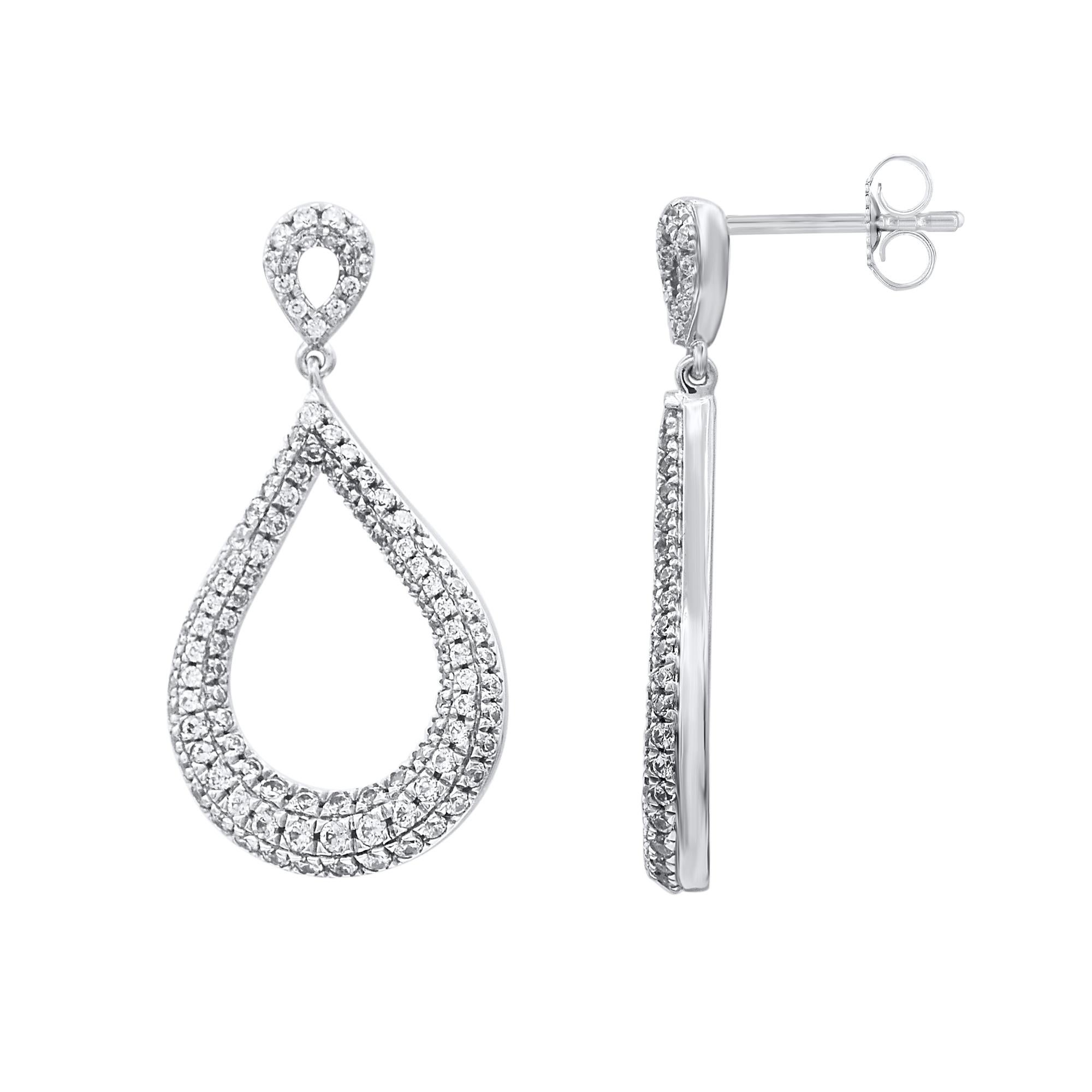 Update your evening look with these playful diamond drop earrings. These beautiful 14 karat white gold earrings are studded with 228 brilliant cut and single cut natural diamonds in prong settings and earring secure with post back. Total diamond