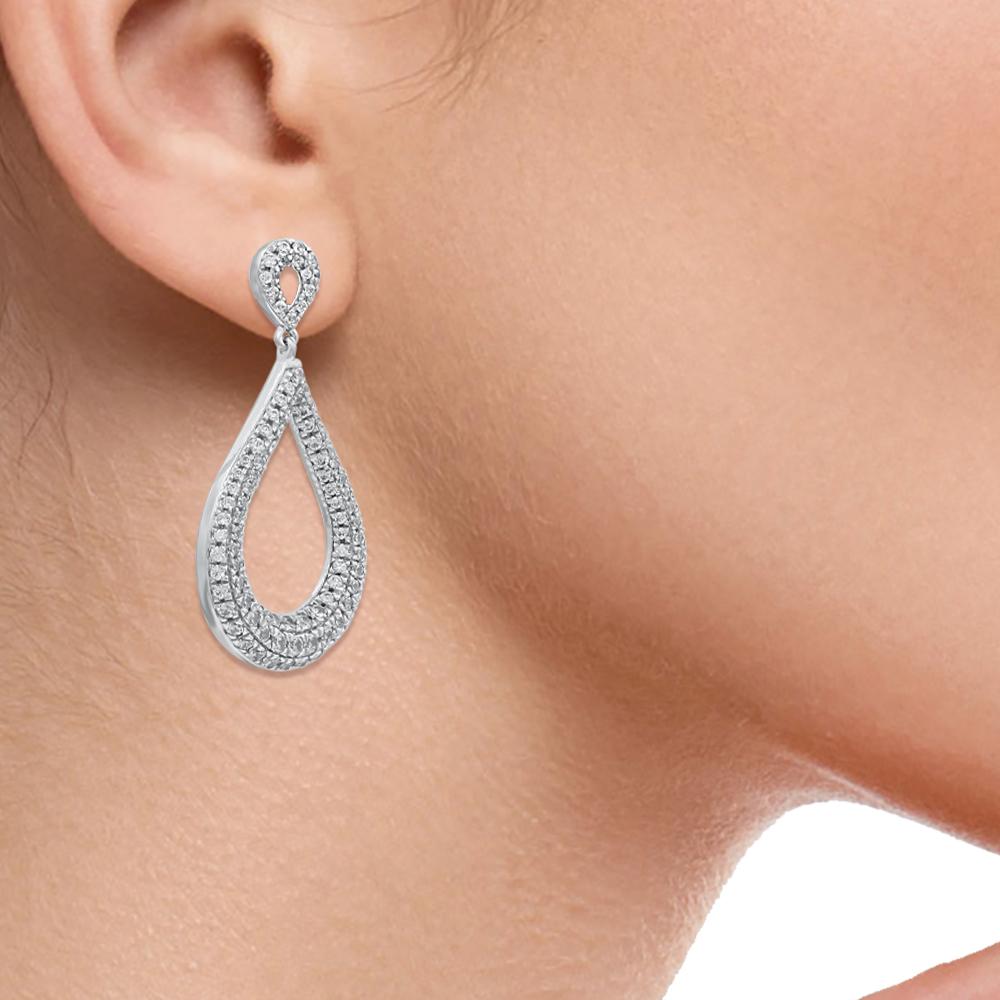 Round Cut TJD 1.0 Carat Brilliant Cut Diamond 14 Karat White Gold Teardrop Dangle Earrings For Sale