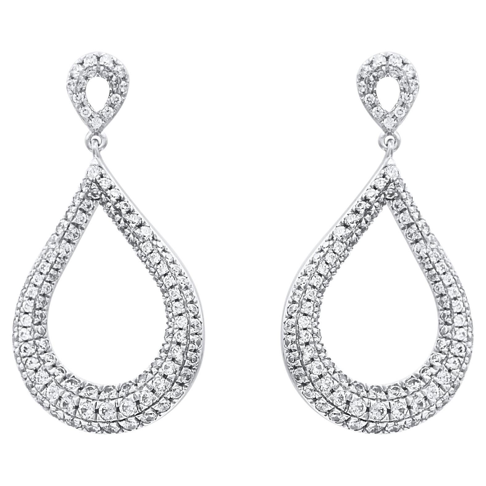 TJD 1.0 Carat Brilliant Cut Diamond 14 Karat White Gold Teardrop Dangle Earrings For Sale