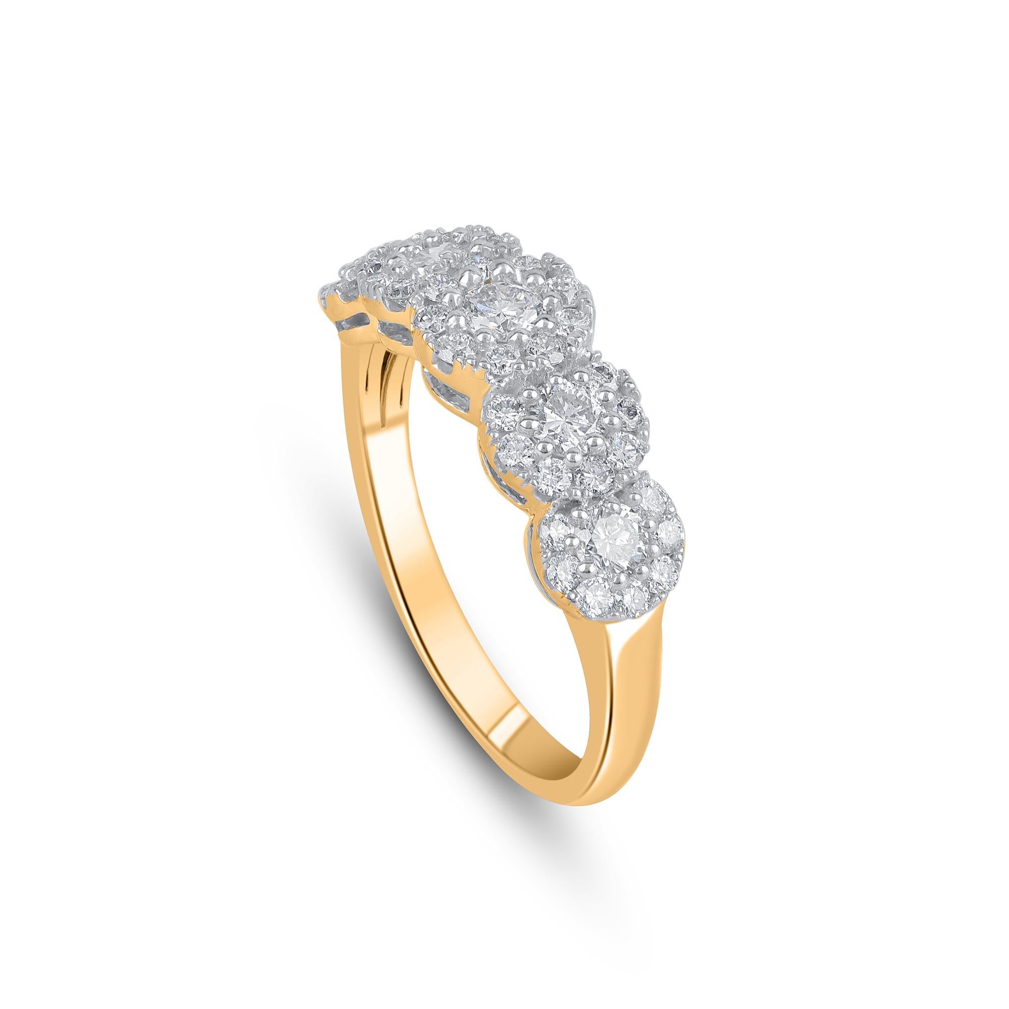Express your love for her in the most classic way with this diamond ring. Crafted in 14 Karat yellow gold. This wedding ring features a sparkling 42 brilliant cut round diamond beautifully set in prong setting. The total diamond weight is 1.0 Carat.