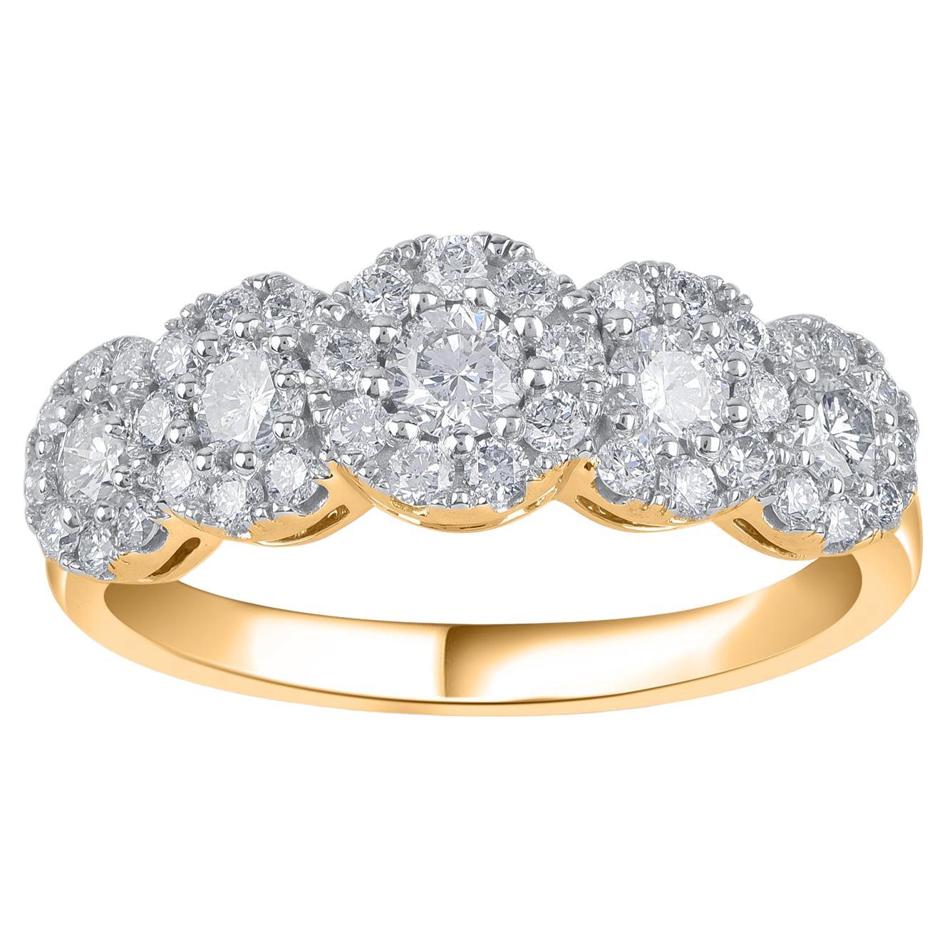 TJD 1.0 Carat Brilliant Cut Diamond 14 Karat Yellow Gold Cluster Engagement Ring For Sale