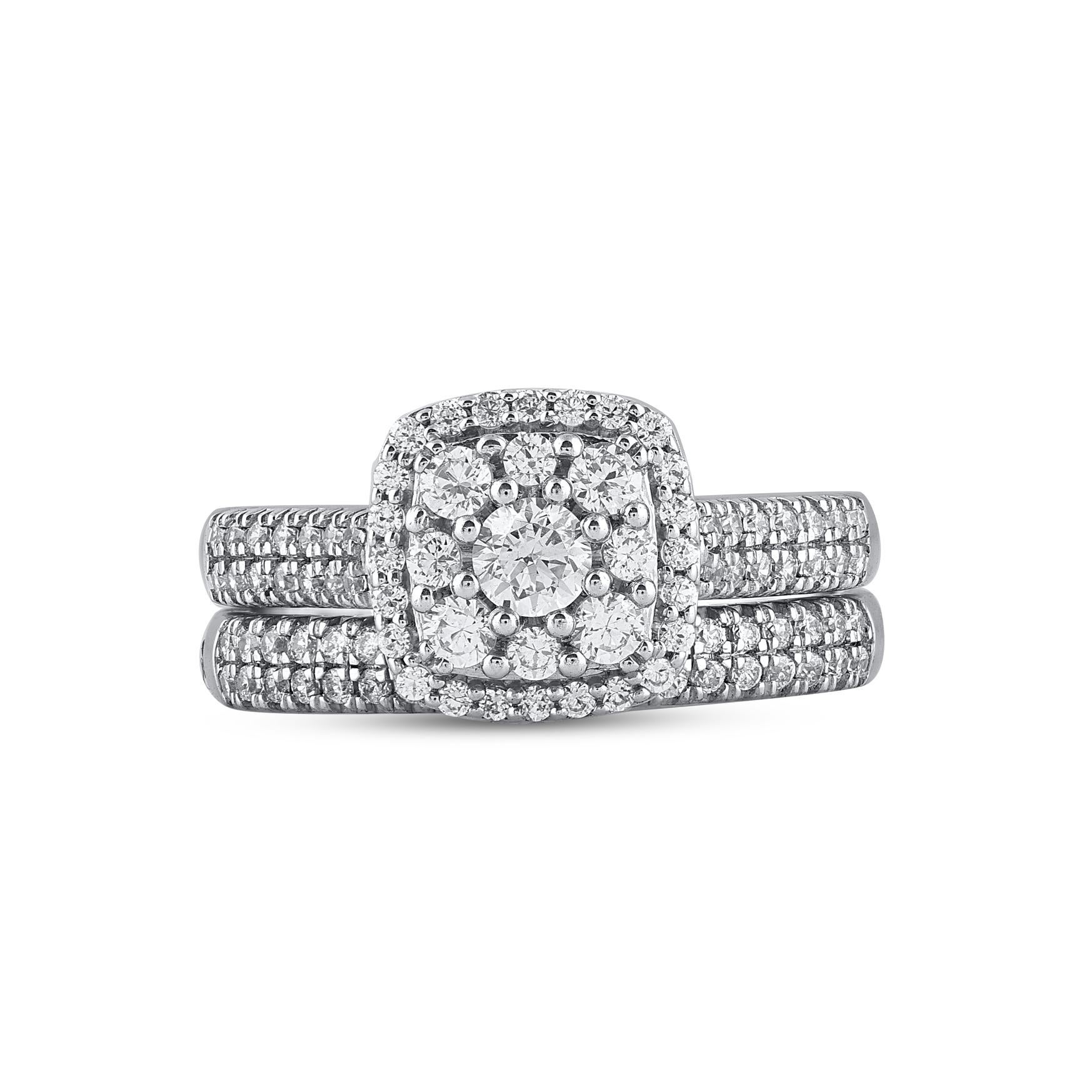 Celebrate every moment of your life with this splendid diamond cushion frame bridal ring set. Crafted in 14 Karat white gold. This wedding ring features a sparkling 99 brilliant cut round diamonds beautifully set in prong and pave setting. The total