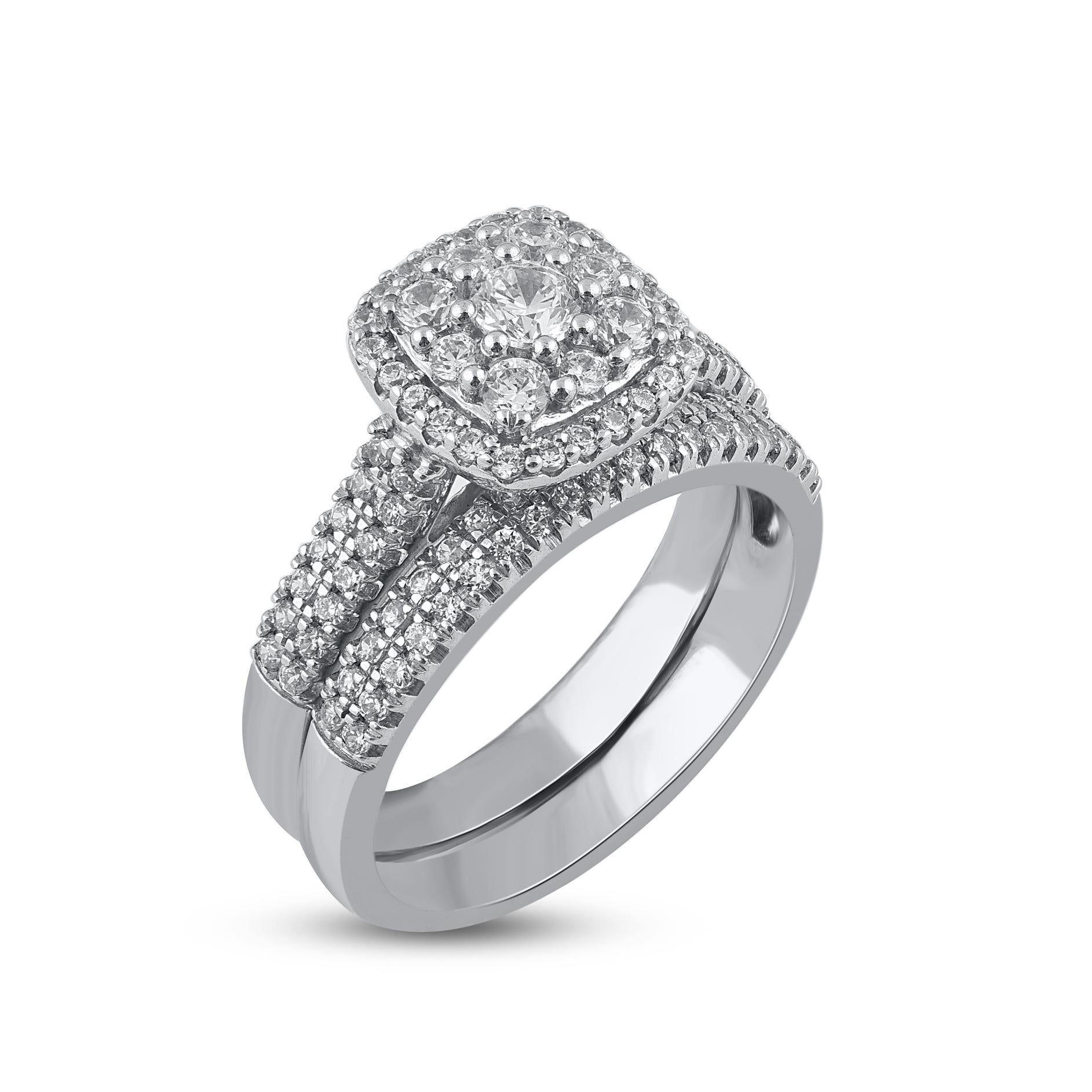 Contemporary TJD 1.0 Carat Brilliant Cut Diamond 14K White Gold Cushion Frame Bridal Ring Set For Sale