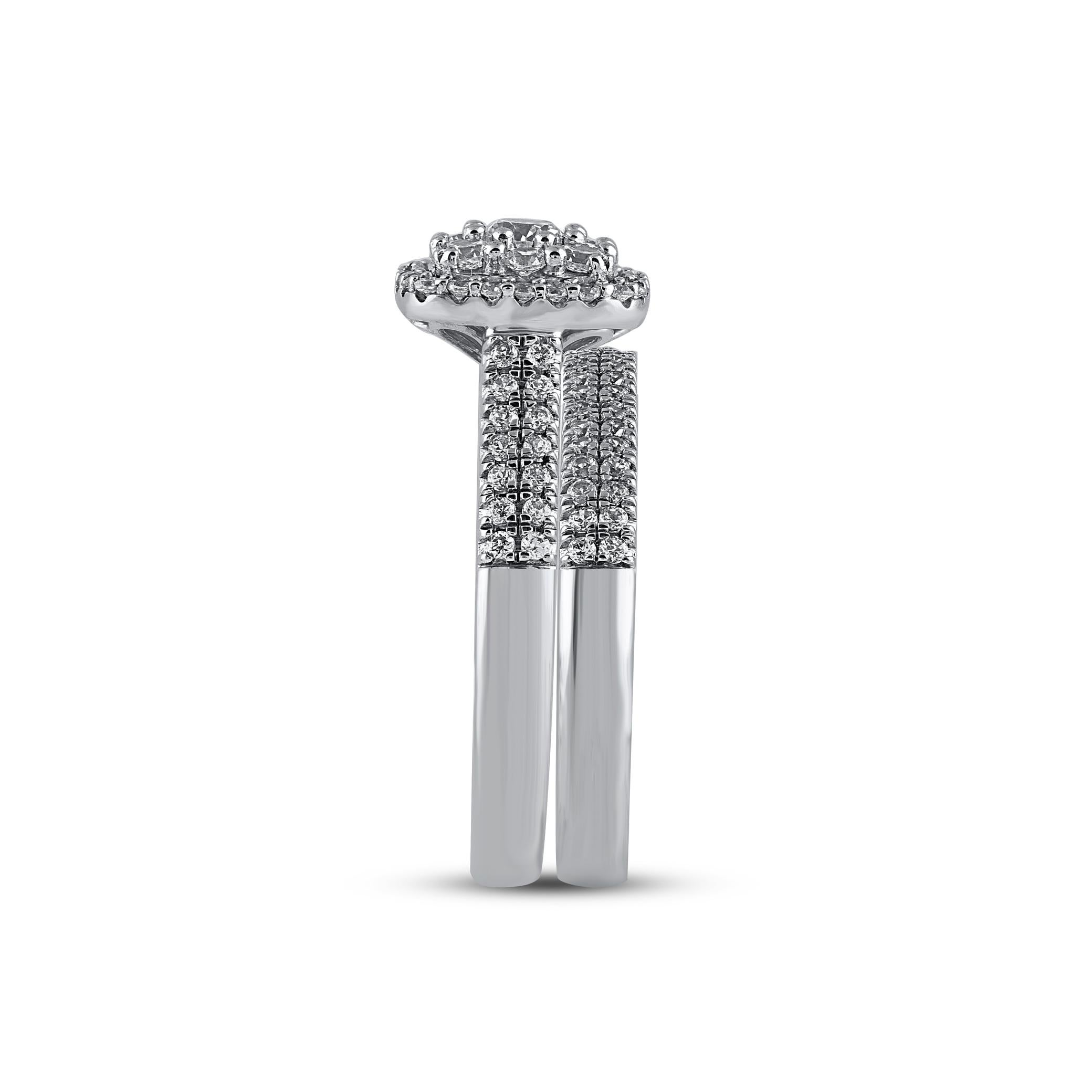 TJD 1.0 Carat Brilliant Cut Diamond 14K White Gold Cushion Frame Bridal Ring Set In New Condition For Sale In New York, NY