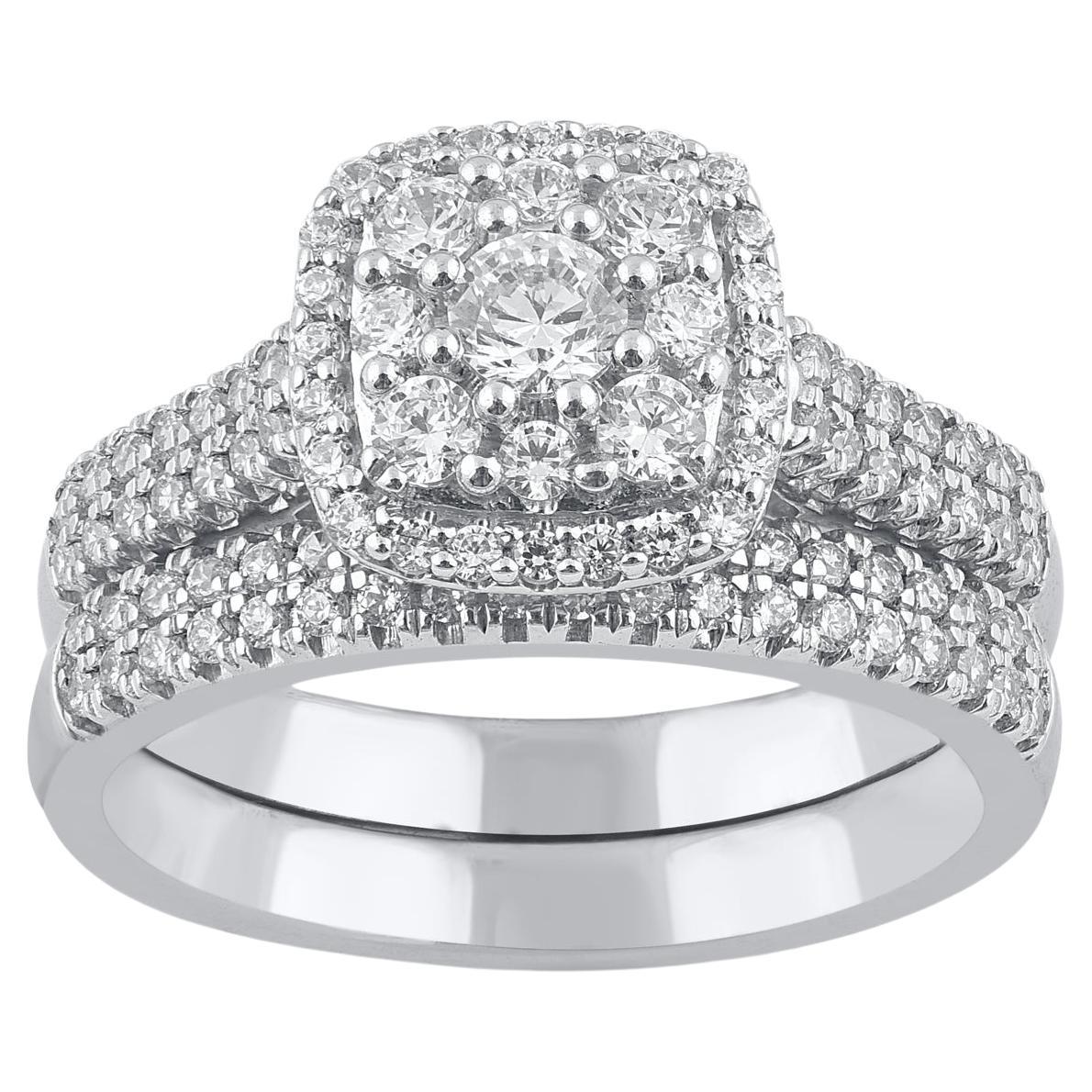 TJD 1.0 Carat Brilliant Cut Diamond 14K White Gold Cushion Frame Bridal Ring Set For Sale