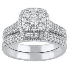 TJD 1.0 Carat Brilliant Cut Diamond 14K White Gold Cushion Frame Bridal Ring Set